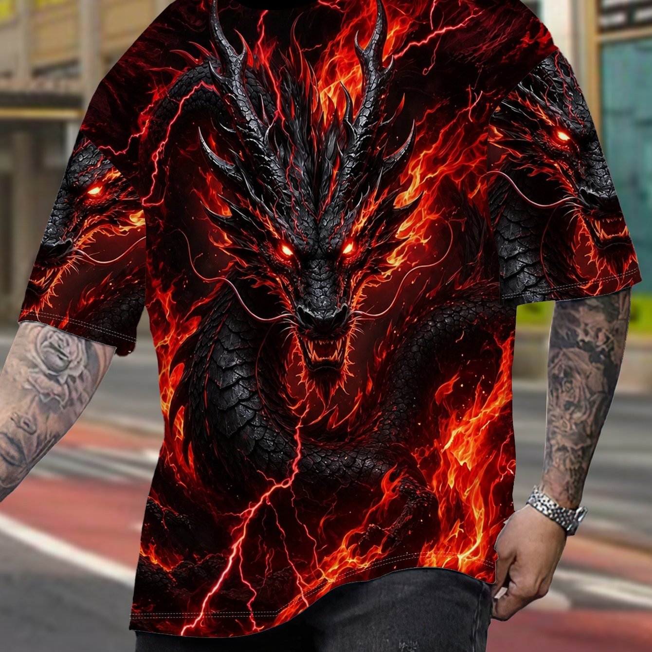 TEMU Men's Plus Size Short Sleeve T-shirt Round Neck Printed Summer Loose Fit Breathable Oversized Top Trendy Dragon Pattern Undershirt 1xl-9xl