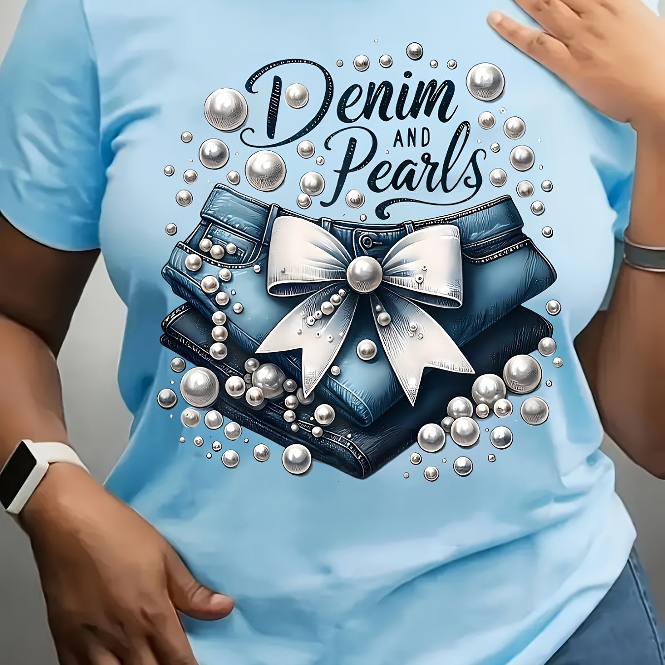TEMU Plus Size, Plus Size-short-sleeve T-shirt, Denim And Pearl Print, , Comfortable Breathable Soft Fabric, Women's Casual Top, Machine Washable