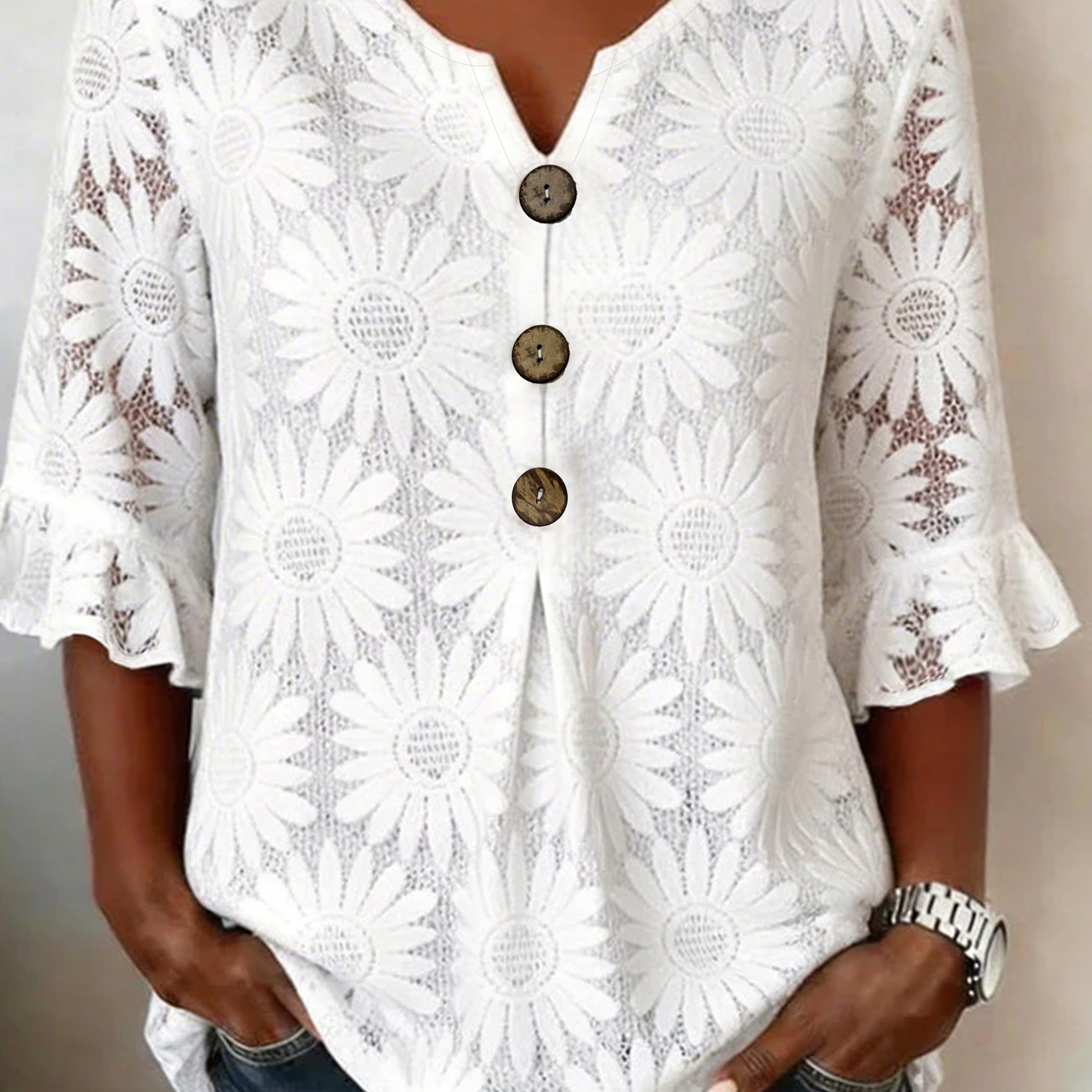 TEMU Women's Elegant Cut-out V-neck Floral Lace Button-decorated Bohemian Style Elbow-length Shirt Solid Color Temperament Casual All-match Vacation