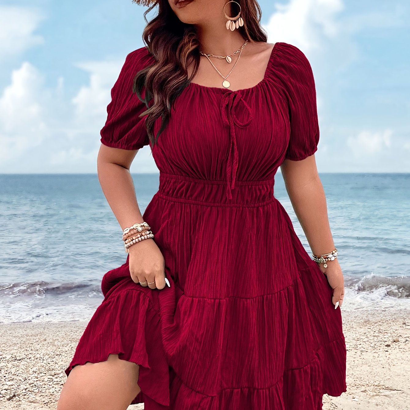 Image of Plus Size, Plus Size Women's Plain Daily Short Sleeve Midi Dress Burgundy Neck Women Outfit, Spring Beach Dress With A Necktie And Hem