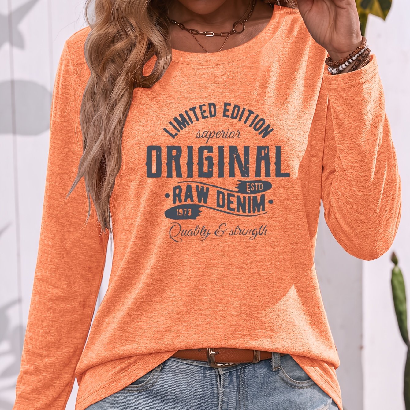 TEMU Distressed Printed Round Neck Long Sleeve T-shirt. Loose Top, Daily , Casual Outing, Vacation Travel, , Top, Machine Washable