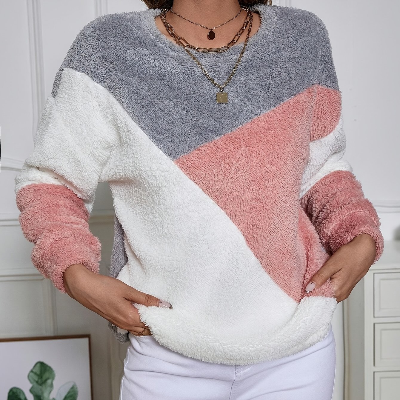 TEMU Color Block Pullover Sweatshirt, Elegant Long Sleeve Crew Neck Sweatshirt For Fall & Winter, Women's Clothing