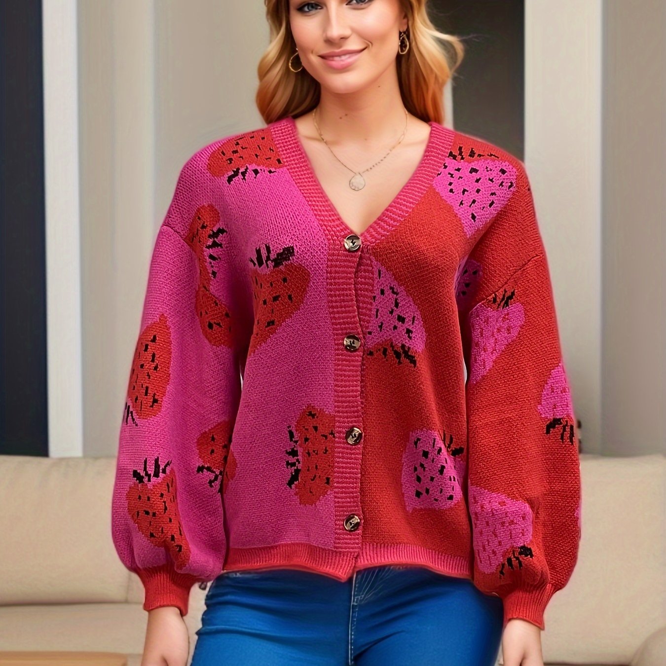 Women's Strawberry Print Crew Neck Crochet Knit Tops Cute - Temu United  Arab Emirates