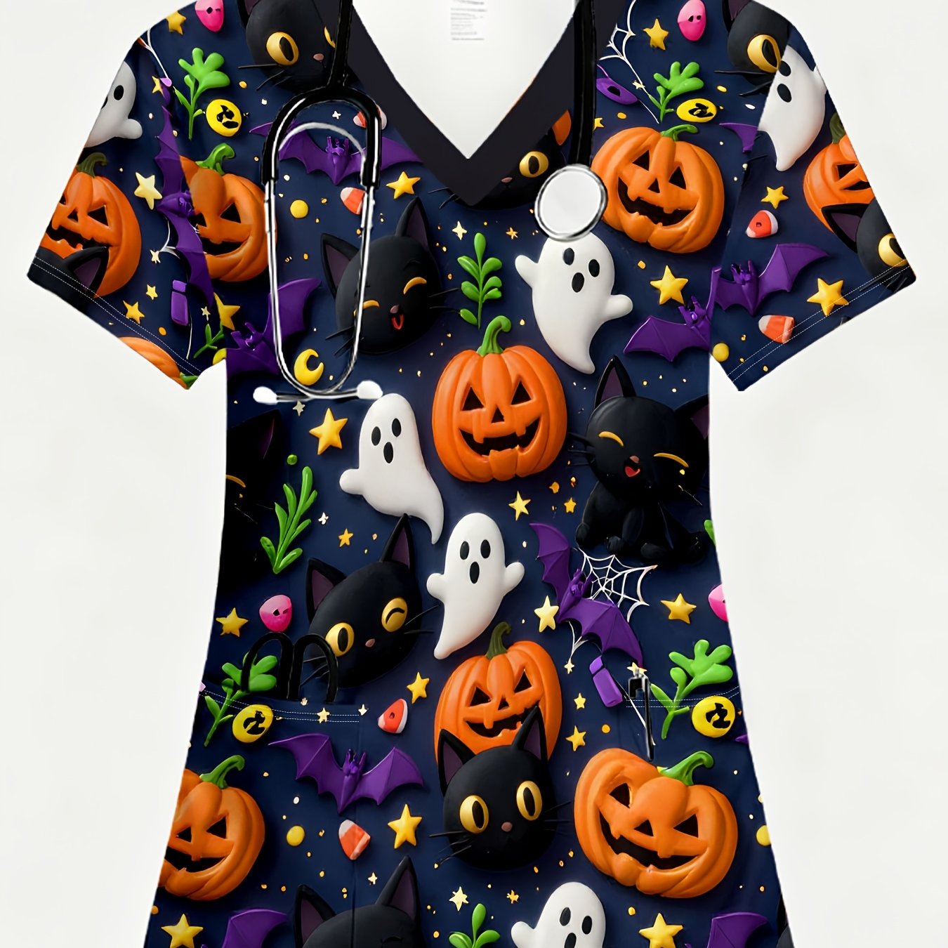 TEMU Uniforme d'infirmière d'Halloween pour femme avec imprimé intégral sur fond blanc, deux poches et un col en V. présente un imprimé de dessin
