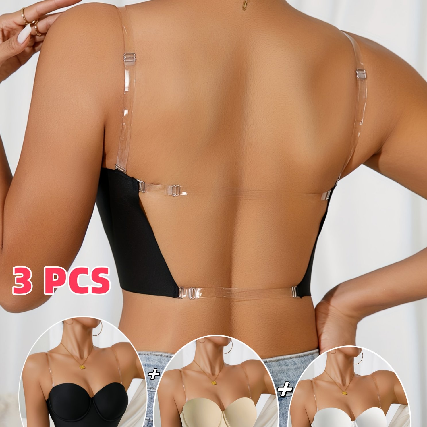 3pcs Seamless Backless Push-up Bra With Transparent Straps