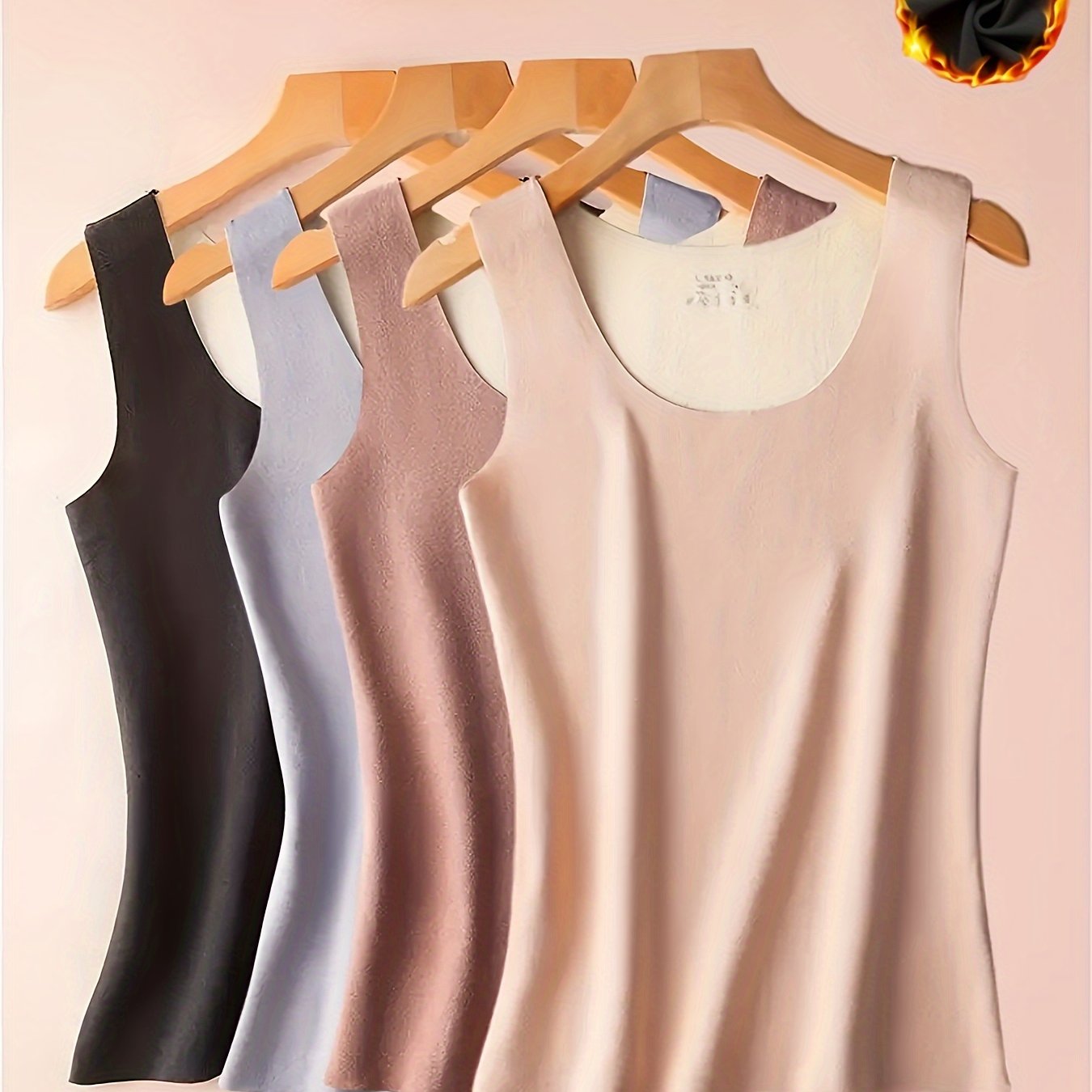 Image of 4pcs Seamless Thermal Underwear, Soft & Comfortable Crew Neck Sleeveless Top, Women's Lingerie & Clothing