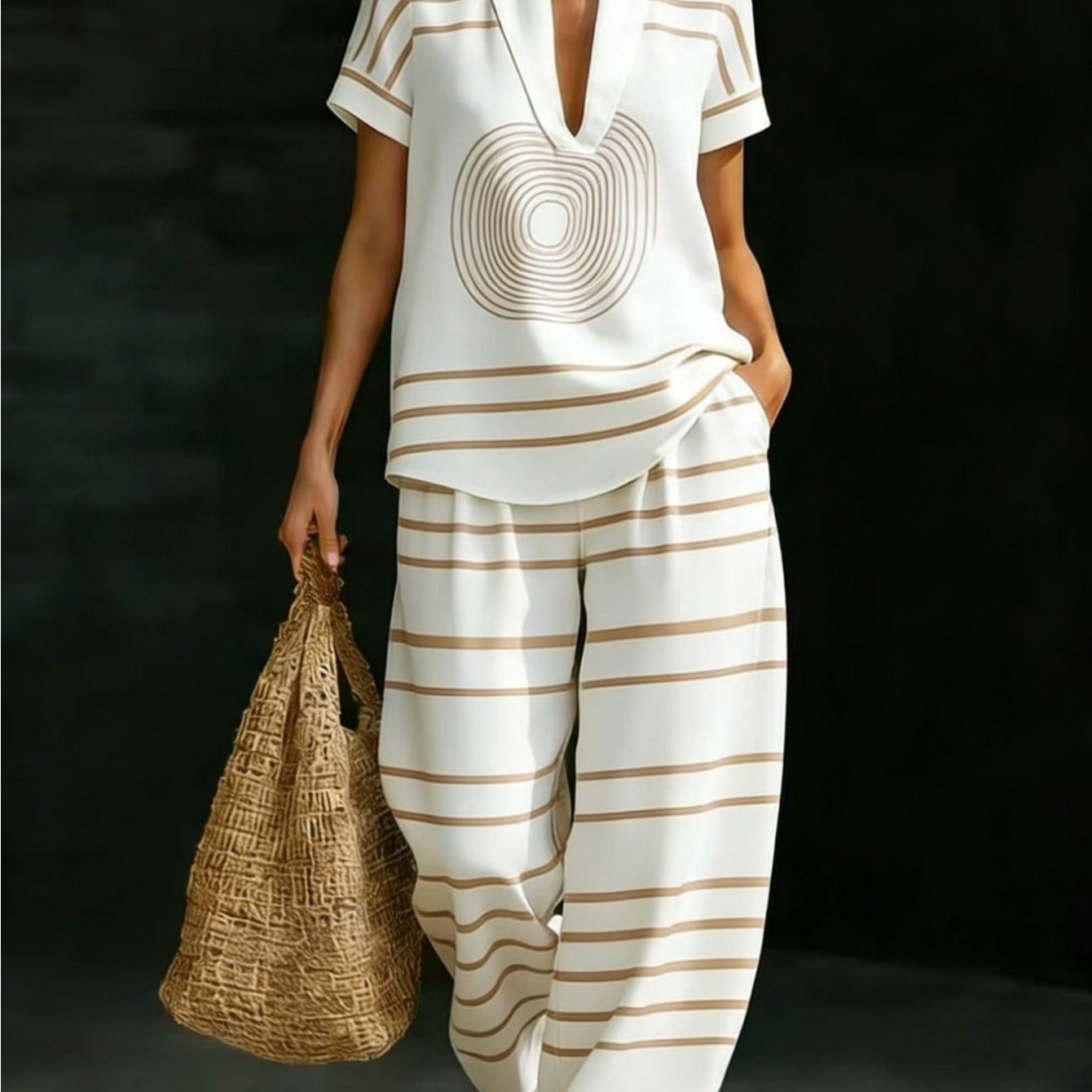 Image of Plus Size, Summer Women's 2pcs Set Stripe Geometric Print V-neck Short Sleeve Top & Wide Leg Pants Casual Loose Vacation Outfit White Beige