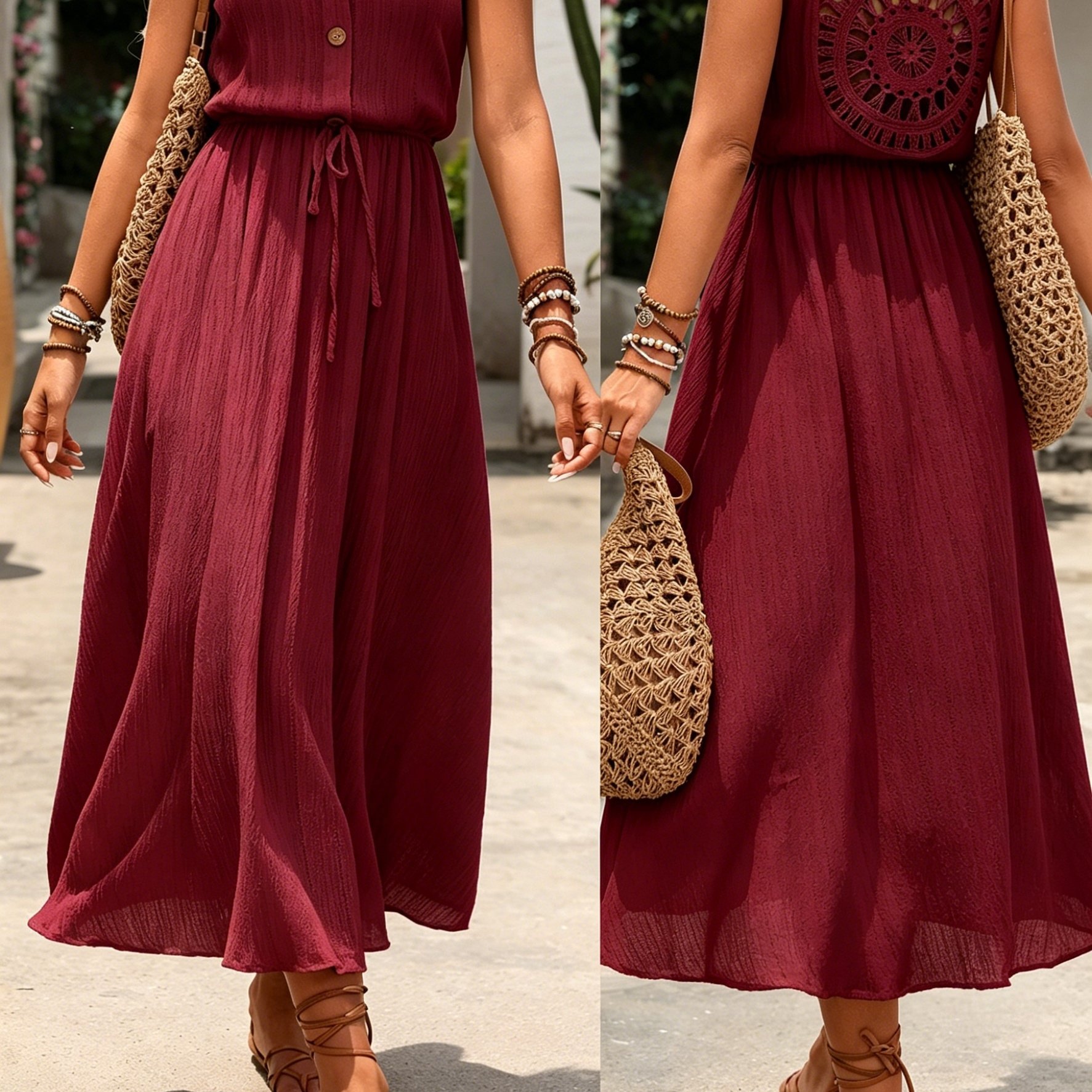Image of Women's Elegant Sleeveless Dress With Lace Mesh Detail On The Back, Machine Washable Rayon Fabric, Casual Vacation Vest-style Midi Beach Dress, Women's Summer Clothing