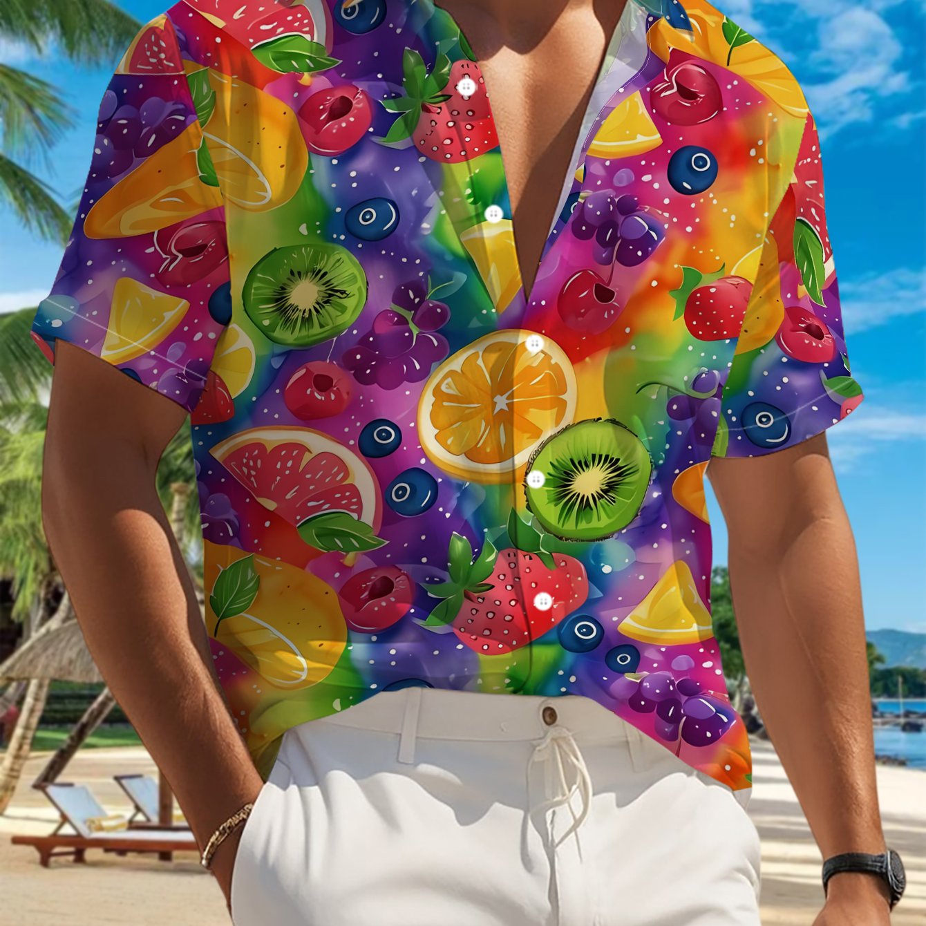 TEMU 's Casual Short-sleeve Shirt With Vibrant Fruit Print On Colorful Textured Background, Versatile For Holiday Parties And Commuting,