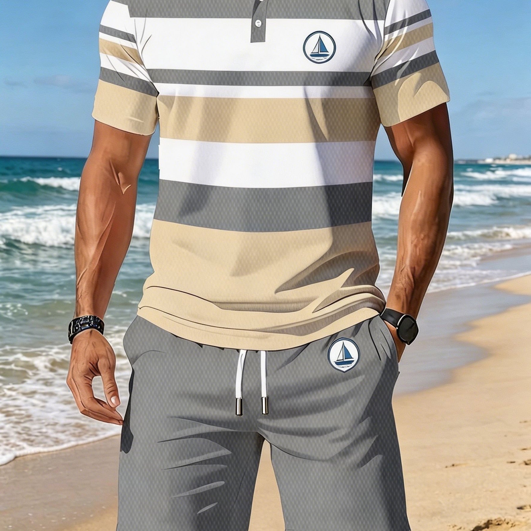 TEMU Men's 2pcs Striped Shirt And Shorts Set, Breathable Casual Sportswear For Beach Vacations, Trendy Light Luxury Versatile Men's Apparel