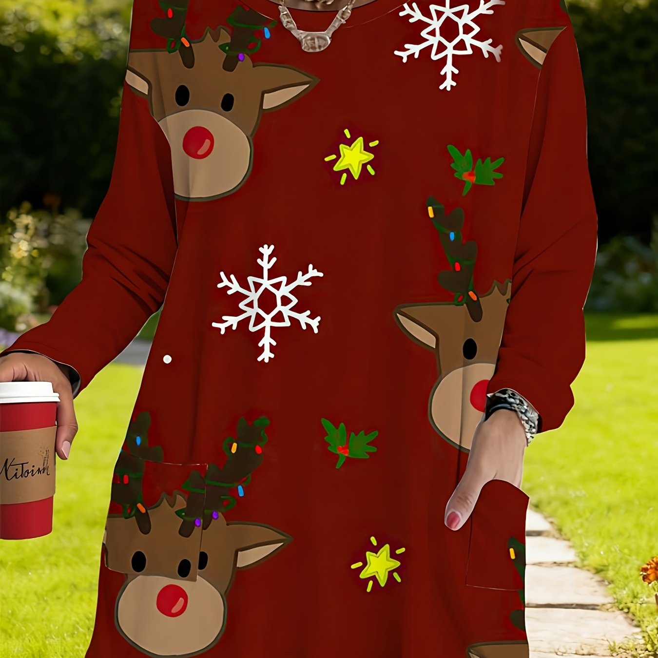 TEMU Plus Size, Plus Size Women's Christmas Print Long Sleeve Top With Pockets - Red Base Featuring Reindeer, Snowflakes, And Holiday Patterns,