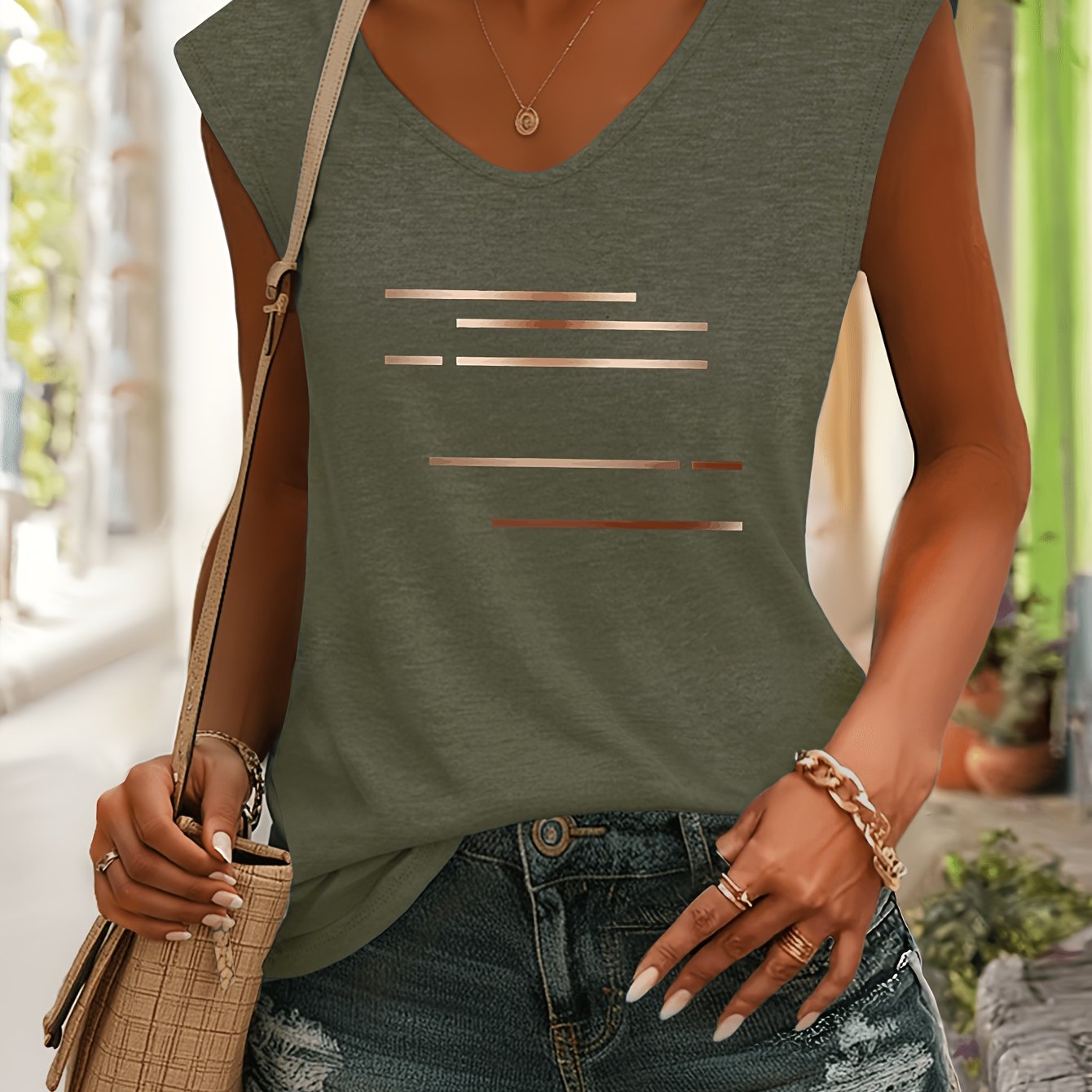 TEMU T-shirt senza maniche con scollo motivo orizzontale a linee dorate , minimalista rilassata e , tessuto confortevole da , pu簷 indossata da sola o