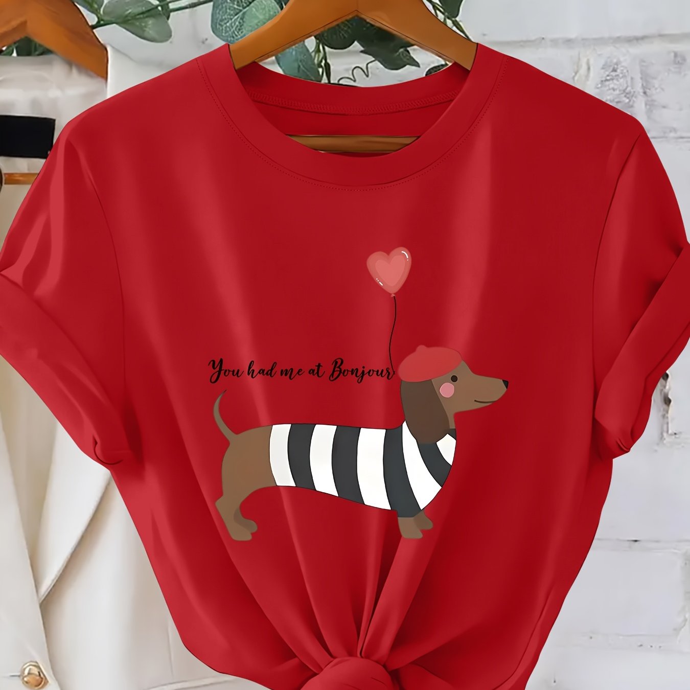 TEMU Striped Top Dachshund French Copy French Romantic Puppy New Year Print Women's T-shirt, Elegant Vintage Holiday Party Women's Wear Spring Summer