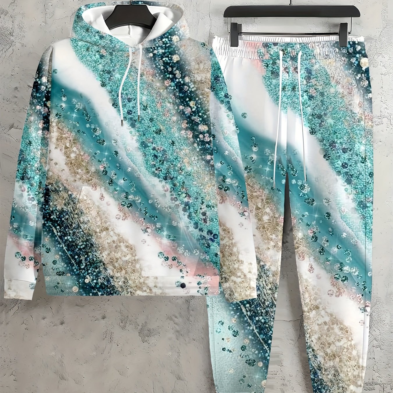 TEMU For Plus Size - For Plus Size - Large Size Casual 2pcs Set, Women's Marble Print, Hooded Kangaroo Pocket Sweatshirt And Drawstring Pocket