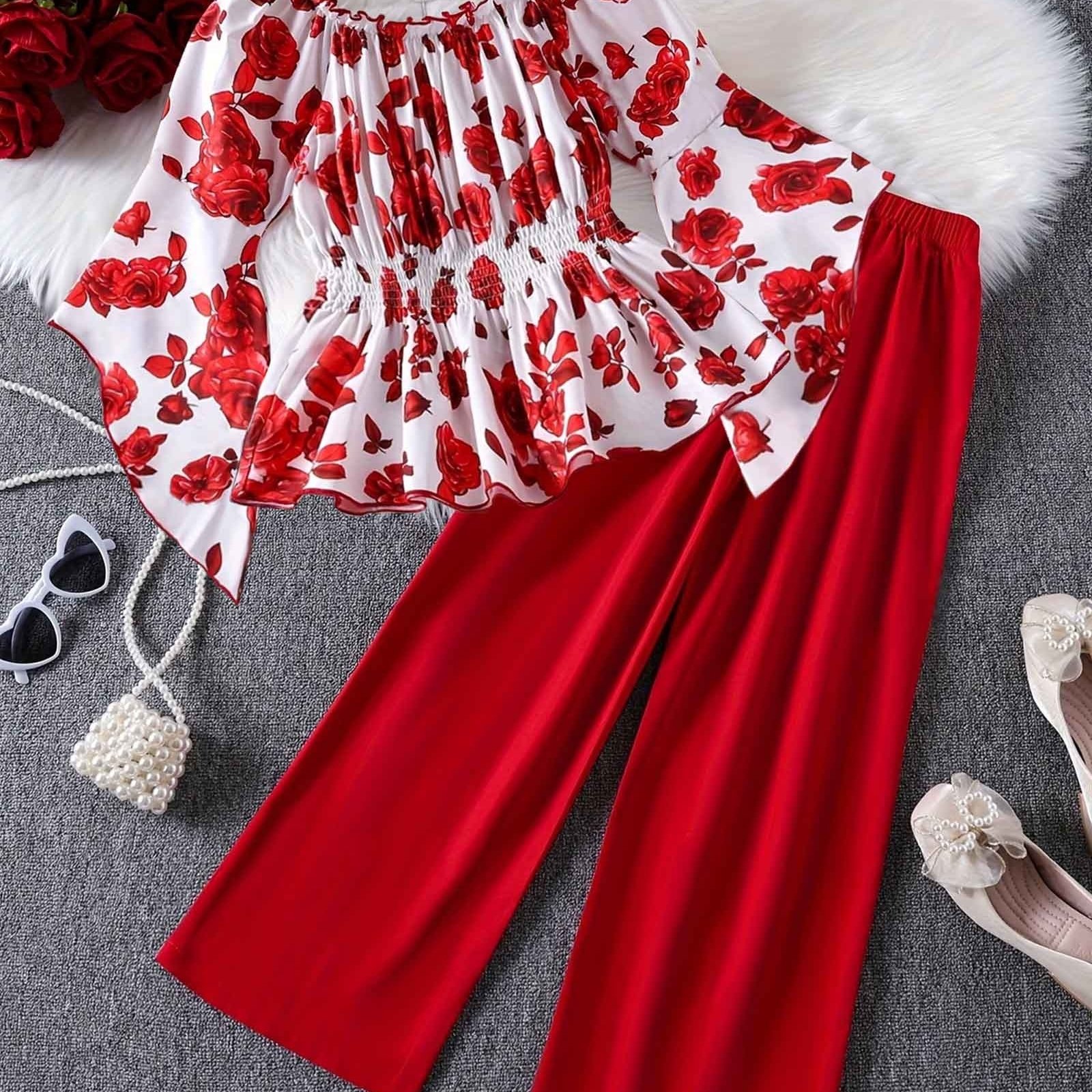 TEMU Plus Size, Rose Print Off-shoulder Waist-cinching Top & Red Wide-leg Pants 2pcs Set: Rose Details + Drape Fabric, Comfy Fits Daily, With
