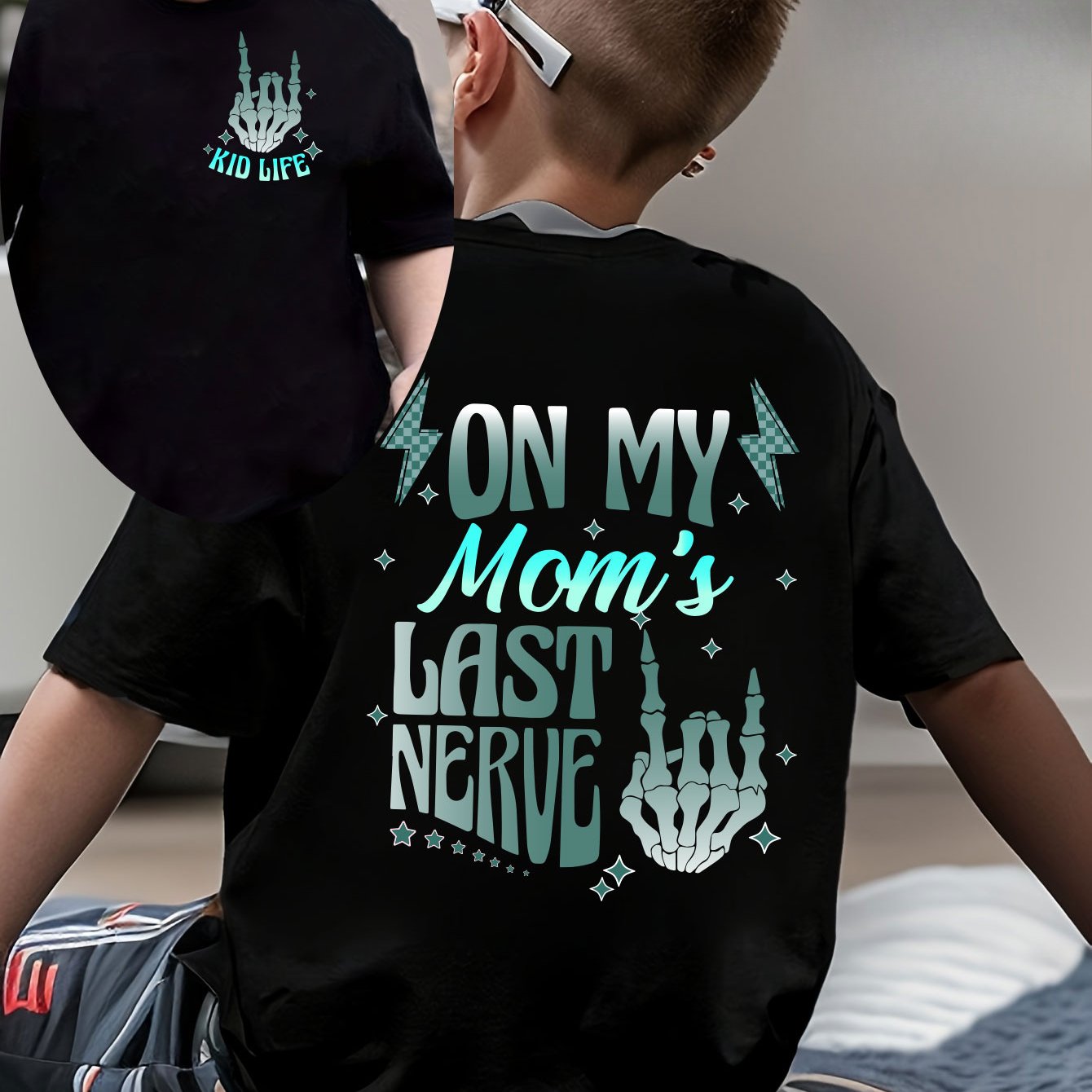 TEMU Boys' "on Last Nerve" Graphic T-shirt - Black Casual Summer Tee With Lettering & , Soft, Machine Washable