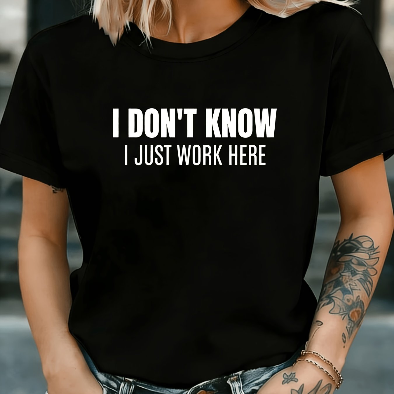 TEMU 't , I Just Work Here" Printed Women's Round Neck Short Sleeve T-shirt For Spring/summer - Statement, Style, Casual Streetwear, Everyday Top
