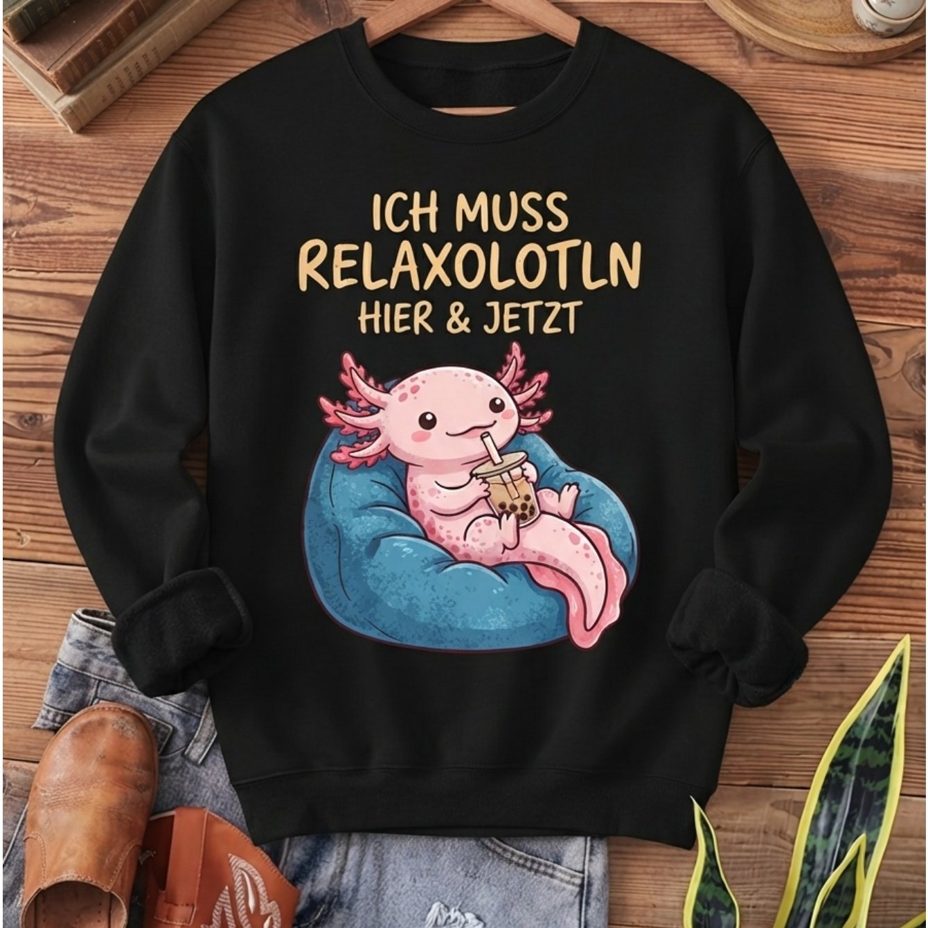 Image of German Axolotl Relaxing Print Sweatshirt, Crew Neck Casual Top For Summer And Spring, Women's Clothing