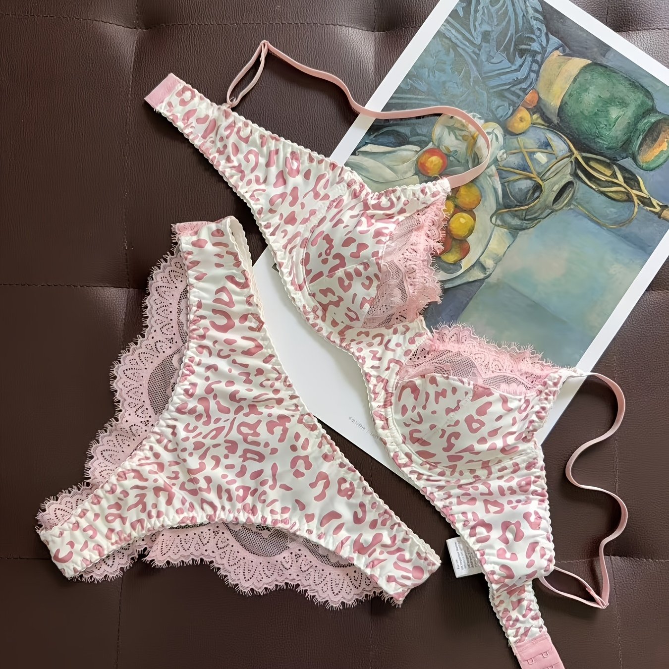 TEMU 2026 Leopard Print Lace Lingerie Set, Small Bust Push-up Bra Set For And Desirable Look
