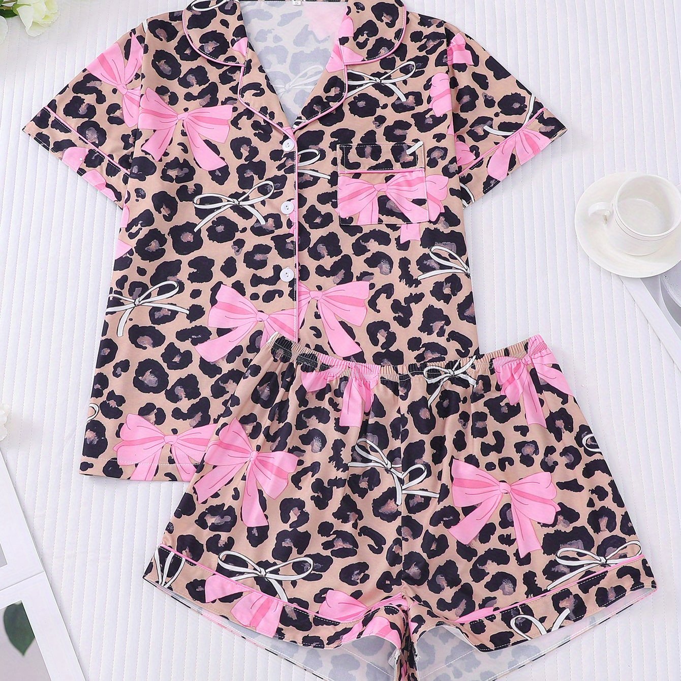 TEMU 2pcs Women's Pajama Set, Leopard Pink Bow Print, Short Sleeve Collared Button-up Top And Loose Elastic Shorts, Cute Fashionable Casual Wear