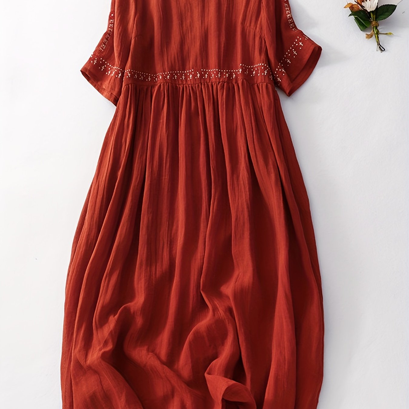 TEMU Women's Vintage Rayon- Maxi Dress - Autumn Casual Loose Fit Breathable Dress With Embroidered Round Neck & Hem, Machine Washable Solid Color