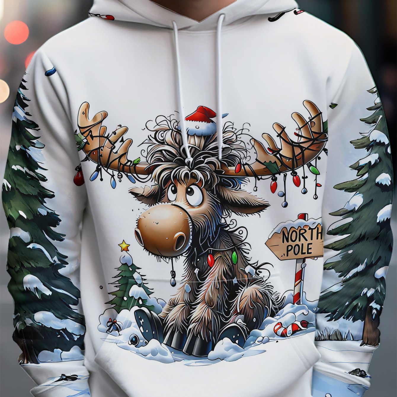 TEMU Men's Hooded Sweatshirt Winter New Cartoon Reindeer Print Jacket Loose Casual Warm Polyester Christmas Trendy Men's Wear, Machine Washable, ,