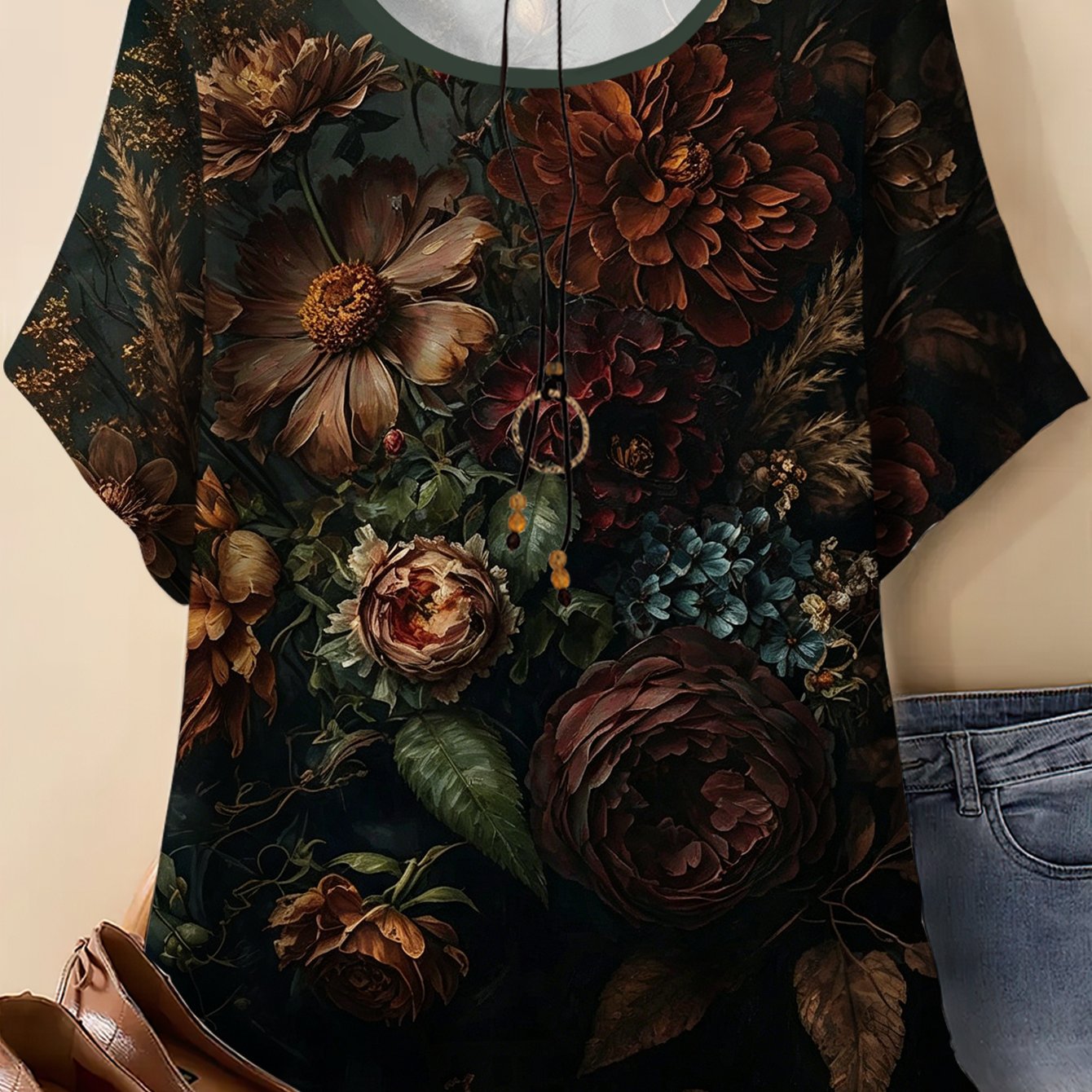 TEMU Plus Size - Plus Size - Cross-border Retro Oil Painting Style Dark Floral Print Round Neck Short Sleeve T-shirt, Featuring A Dark Base With