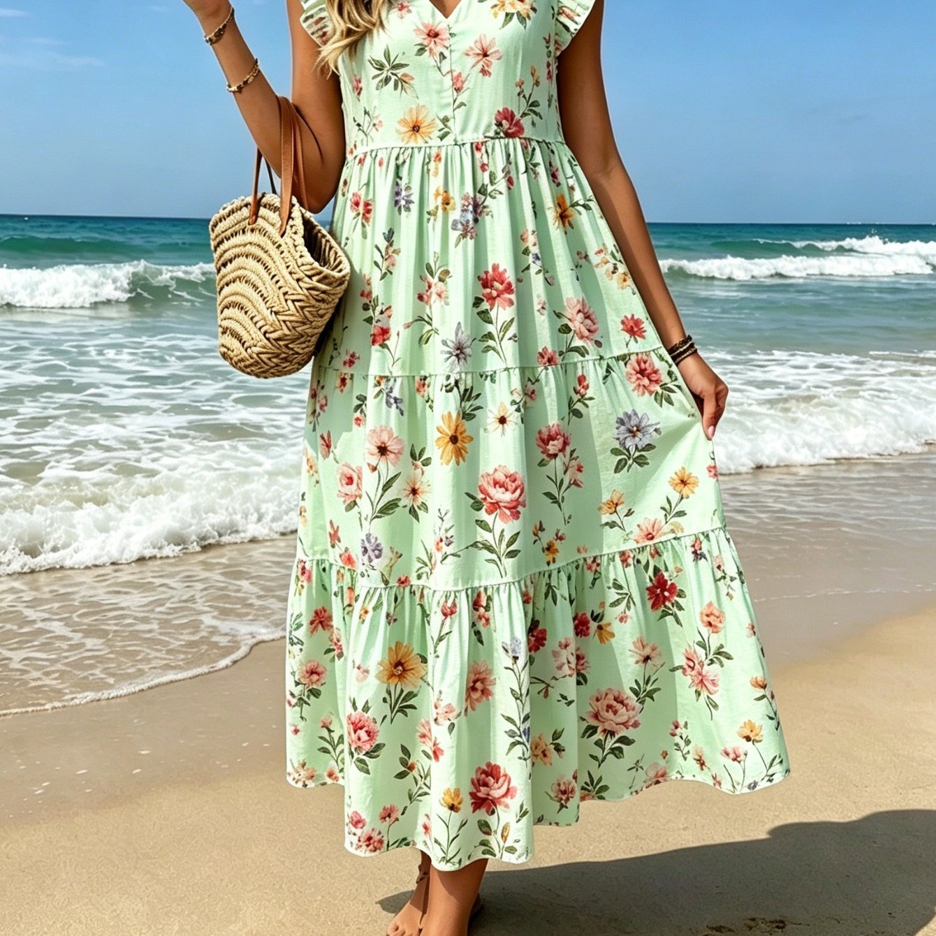 Image of Plus Size Women's Summer Seaside Vacation Wind Floral Flying Sleeve Dress, Summer -neck Loose And Thin Beach Dress, Casual Dress Long Dress, For Her