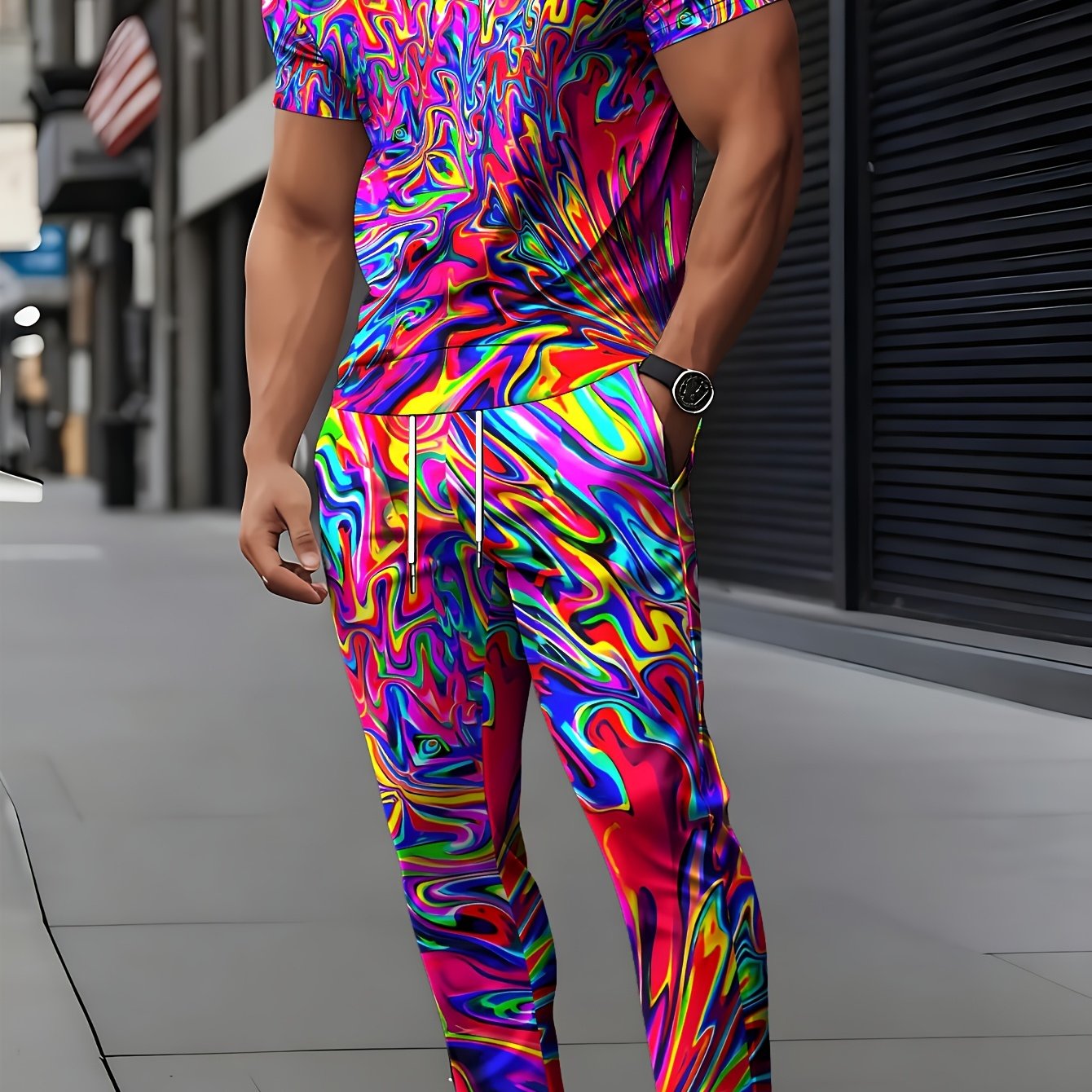 TEMU Men's Fashion Casual Print Round Neck Short Sleeve T-shirt And Long Pants Set, Suitable For Outdoor Sports Wear [print Design â Not Textured],