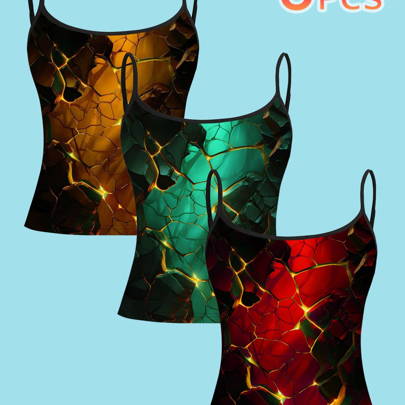 TEMU Set Of 3: Gemstone Crack Texture Full Print, Thin Strap Camisole, Light Luxury Commuting Top