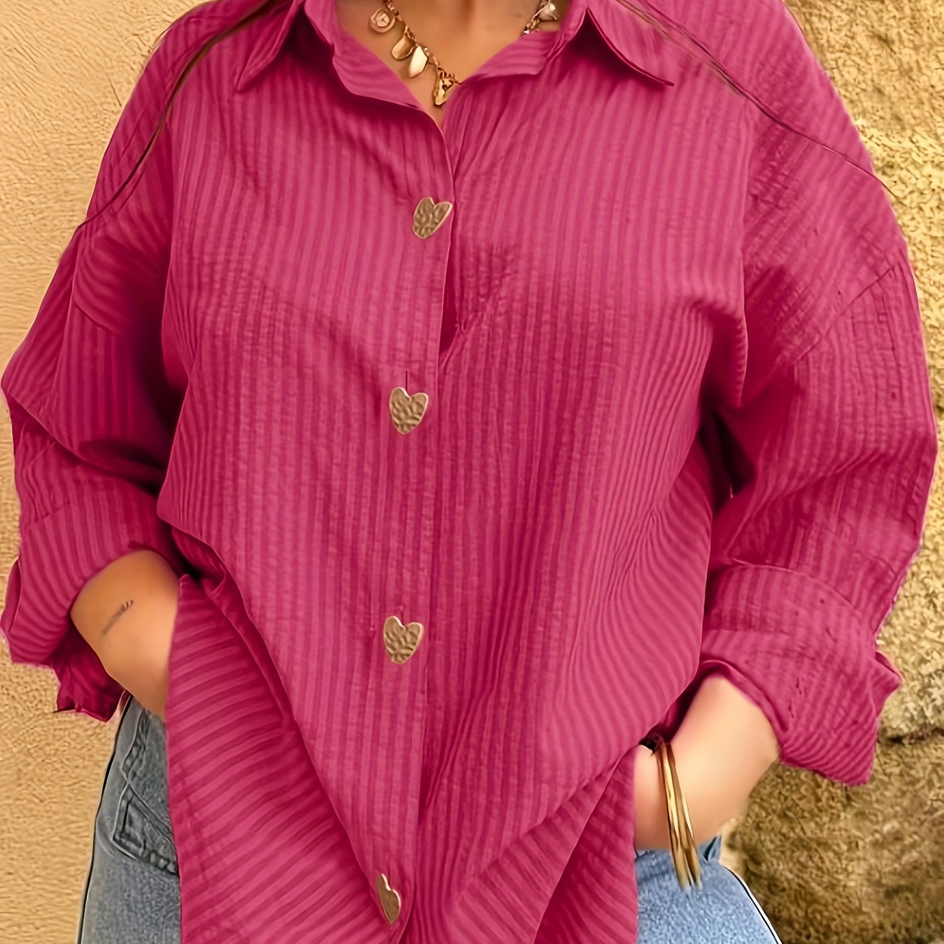 TEMU Women's Long Sleeve Red Striped Lapel Heart-shaped Button-up Shirt, Blouse