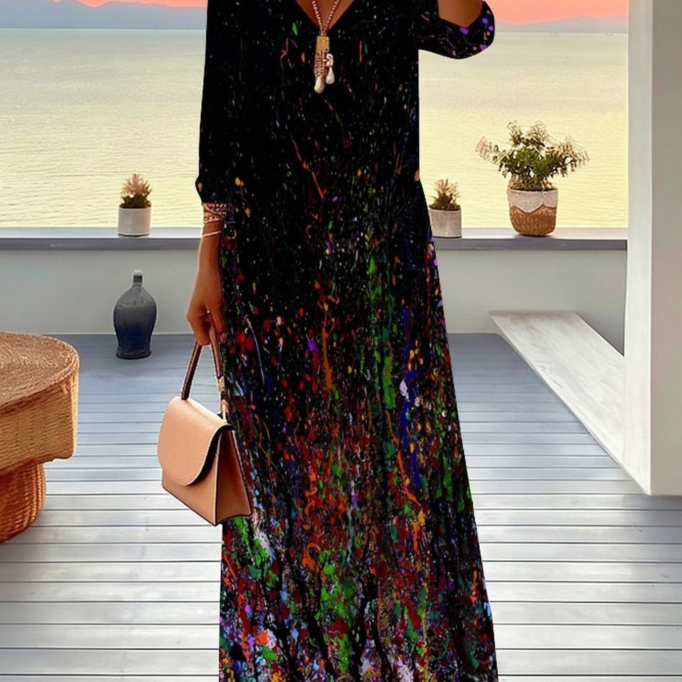 Image of Plus Size - Women's Dress, Women's Plus Size Dress, Tie-dye Style, Full Body Print, Party Occasion, Casual Vacation, Elegant Women's Fashion, V-neck, Mid-length Sleeve Jumpsuit, Long Skirt