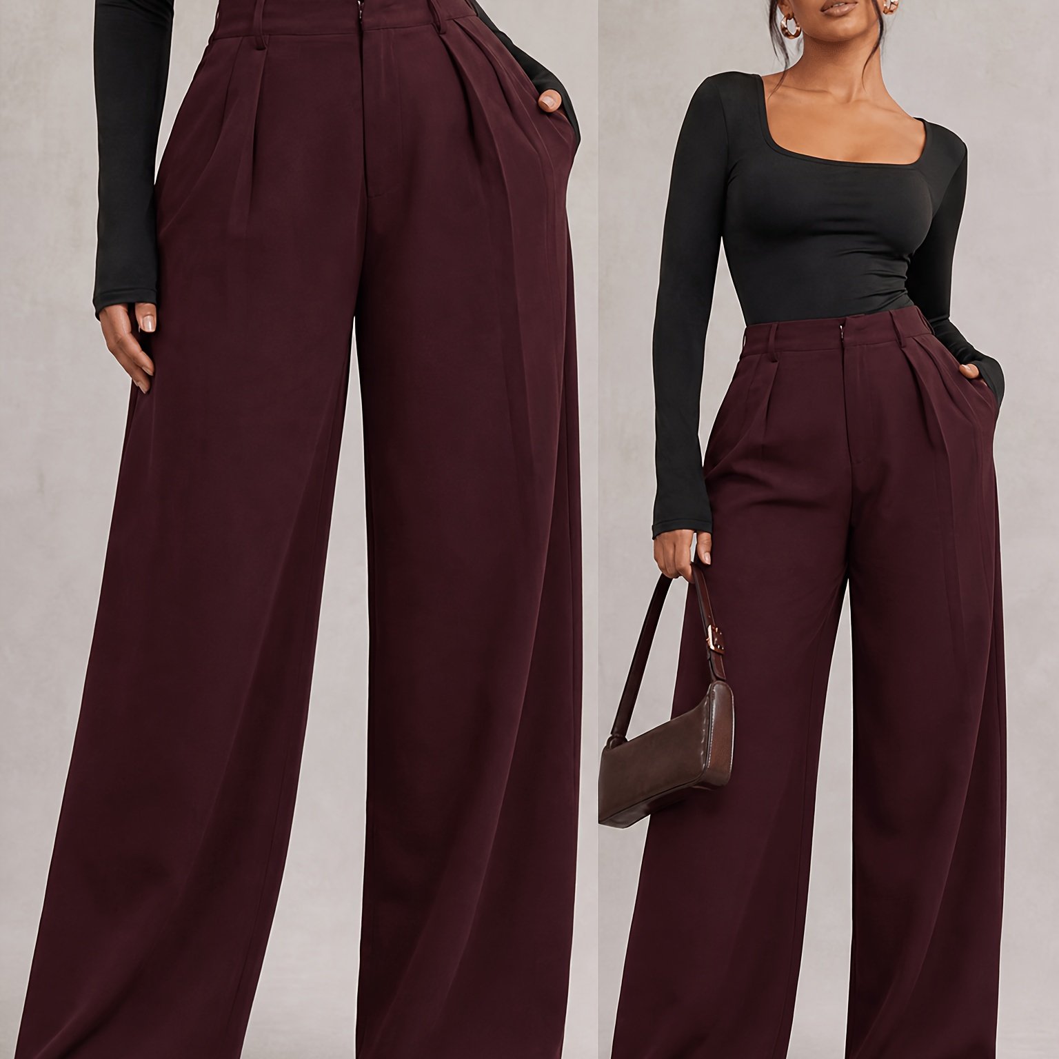 TEMU Plus Size, Plus-size Women's Suit Pants, Elegant And Fashionable High-waist Wide-leg Trousers With Pockets, Casual Commuting Pants, Suitable For