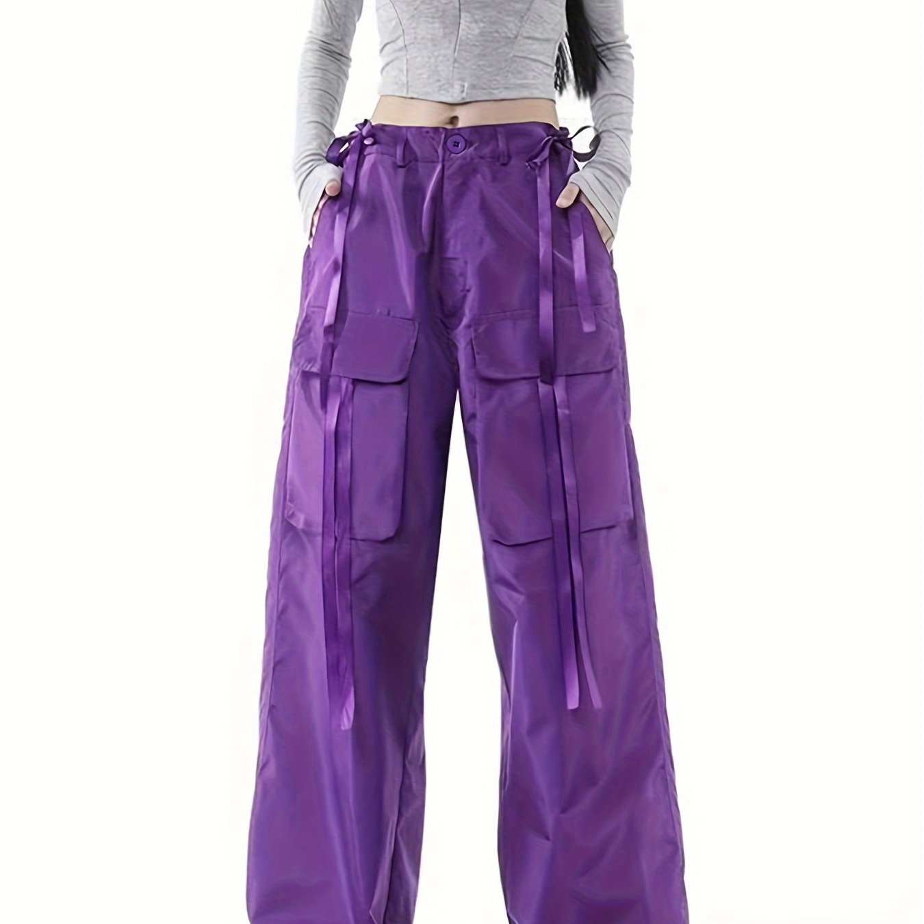 high waist casual sports trouser loose fit flap pockets solid color cargo pants womens activewear