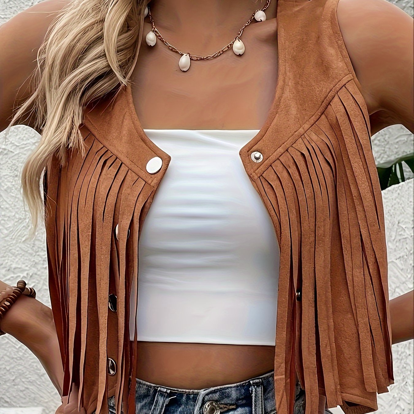 Image of Fashion Women's Spring/summer V-neck Sleeveless Cardigan Fringe Vest Top - Brown, Casual, |tassel Detail Top | Suede Tassel Trim Suede - Stylish, Comfortable And Versatile Clothing.
