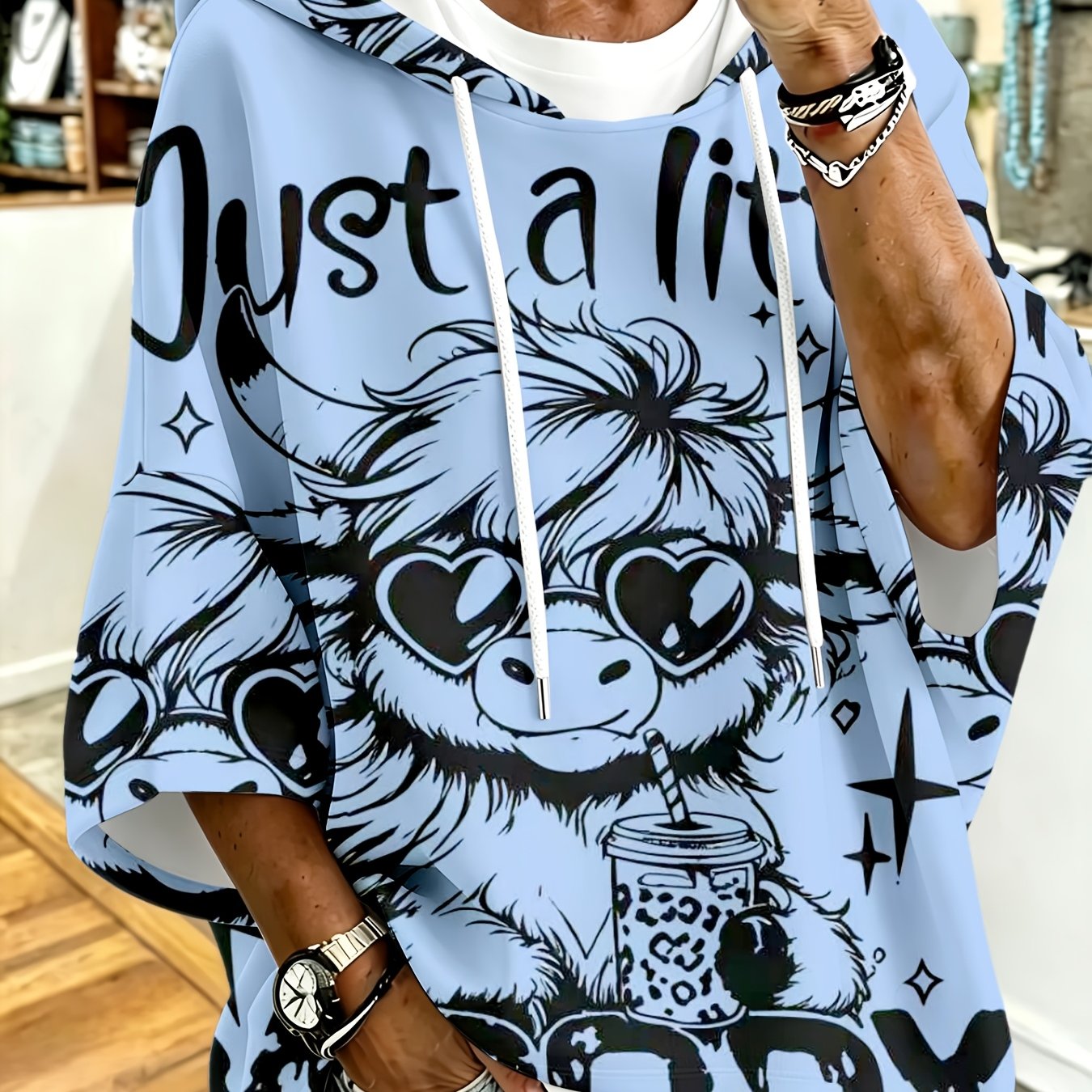 TEMU Plus Size, Plus-size Women's Hooded Top, Blue With Fashion Glasses And Cow Cartoon Print, Loose Drop-shoulder Sleeve Hoodie, Fun Farmhouse-style
