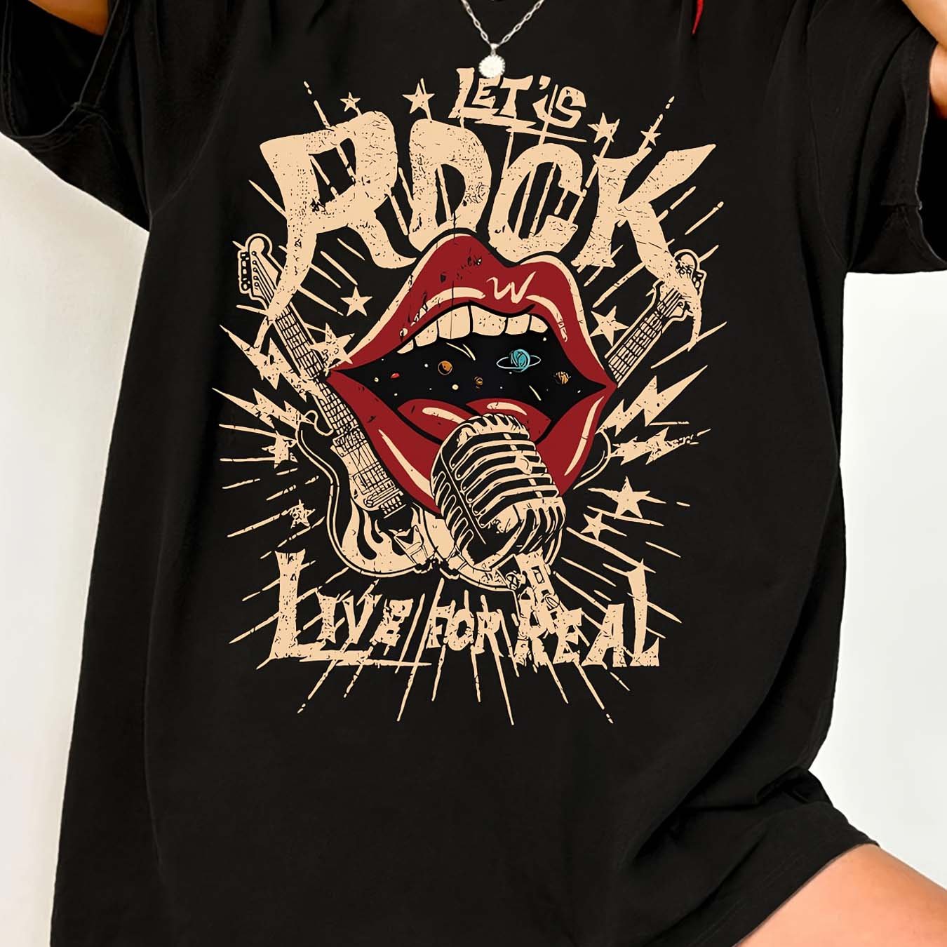 TEMU Plus Size Short Sleeve T-shirt Featuring A Rock Of Lips, Microphone, Guitar, And Stars. This Comfy And Chic Oversized Top Is Perfect For Curvy
