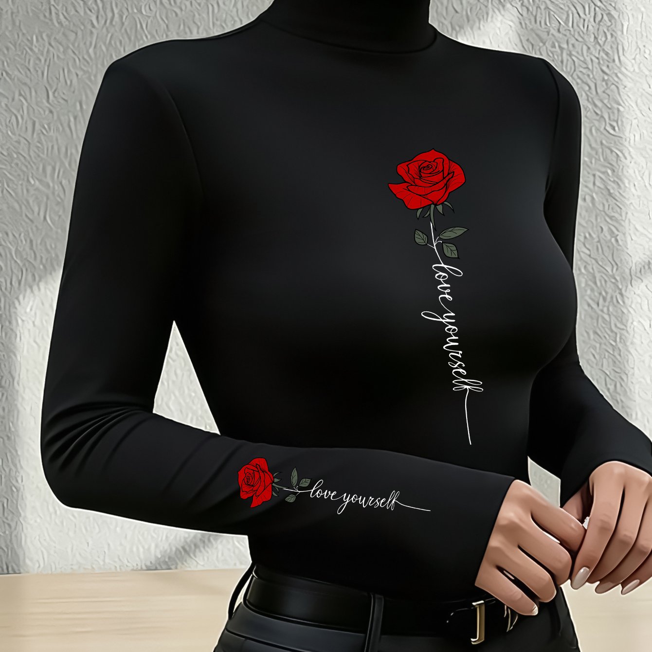 TEMU 2026 New Y2k Women's High Neck Slim Layer Top, Autumn/winter Women's Long Sleeve T-shirt, Half-turtleneck Long Sleeve Printed T-shirt, -lined