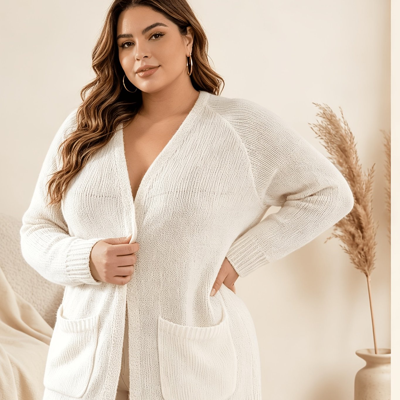 TEMU Plus Size, Plus-size 's Cardigan, Loose V-neck Long-sleeve Sweater Outerwear With Pockets, Soft And Plush Fabric, Gentle Style For Autumn And