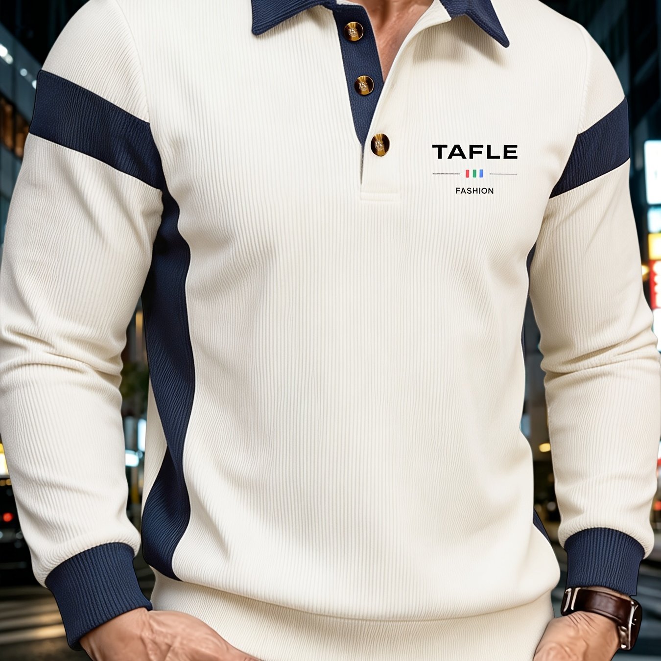 TEMU Men's Color Block Long Sleeve Shirt With Letter Print, Lapel Collar Top For Spring/autumn Business Casual, Contrast Texture Versatile T-shirt,