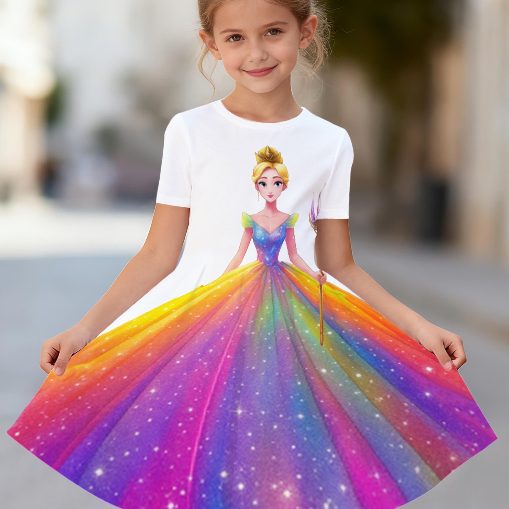 Fashion Girls' Princess Dress, Princess Print Design - Flared Skirt Summer Party Outfit, Machine Washable Birthday And Event Attire, Lightweight Fabric, Durable Material