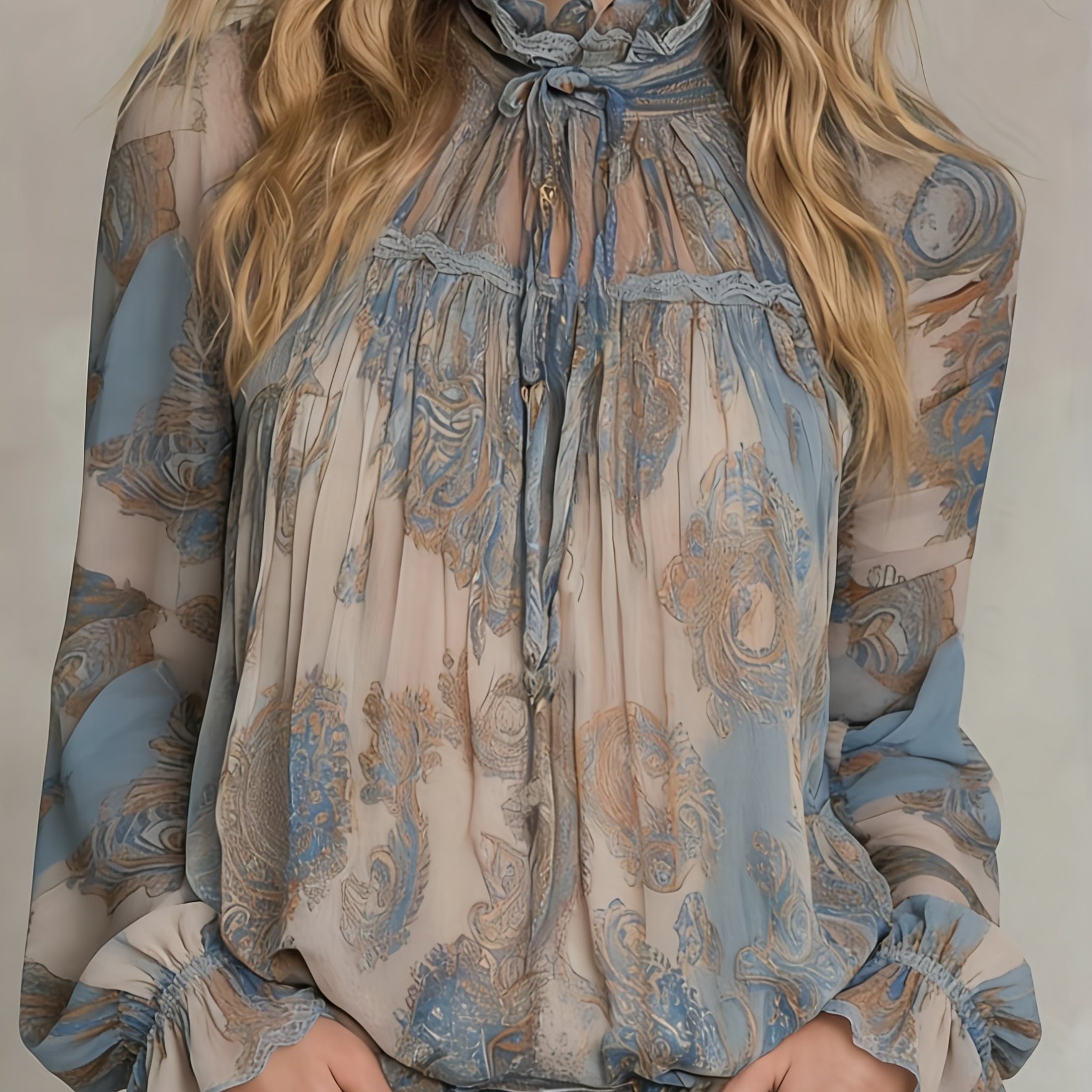 TEMU Spring/summer Semi-sheer Temperament Fashion Print Stand Collar Long Sleeve Blouse [zllz]
