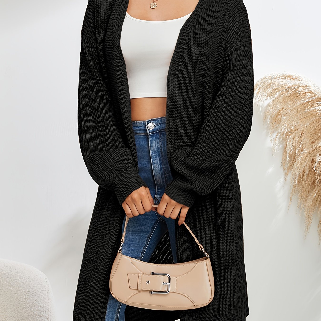 E-shop Solide lange Strickjacke, lässige offener Pullover mit langen Ärmeln, Damenbekleidung