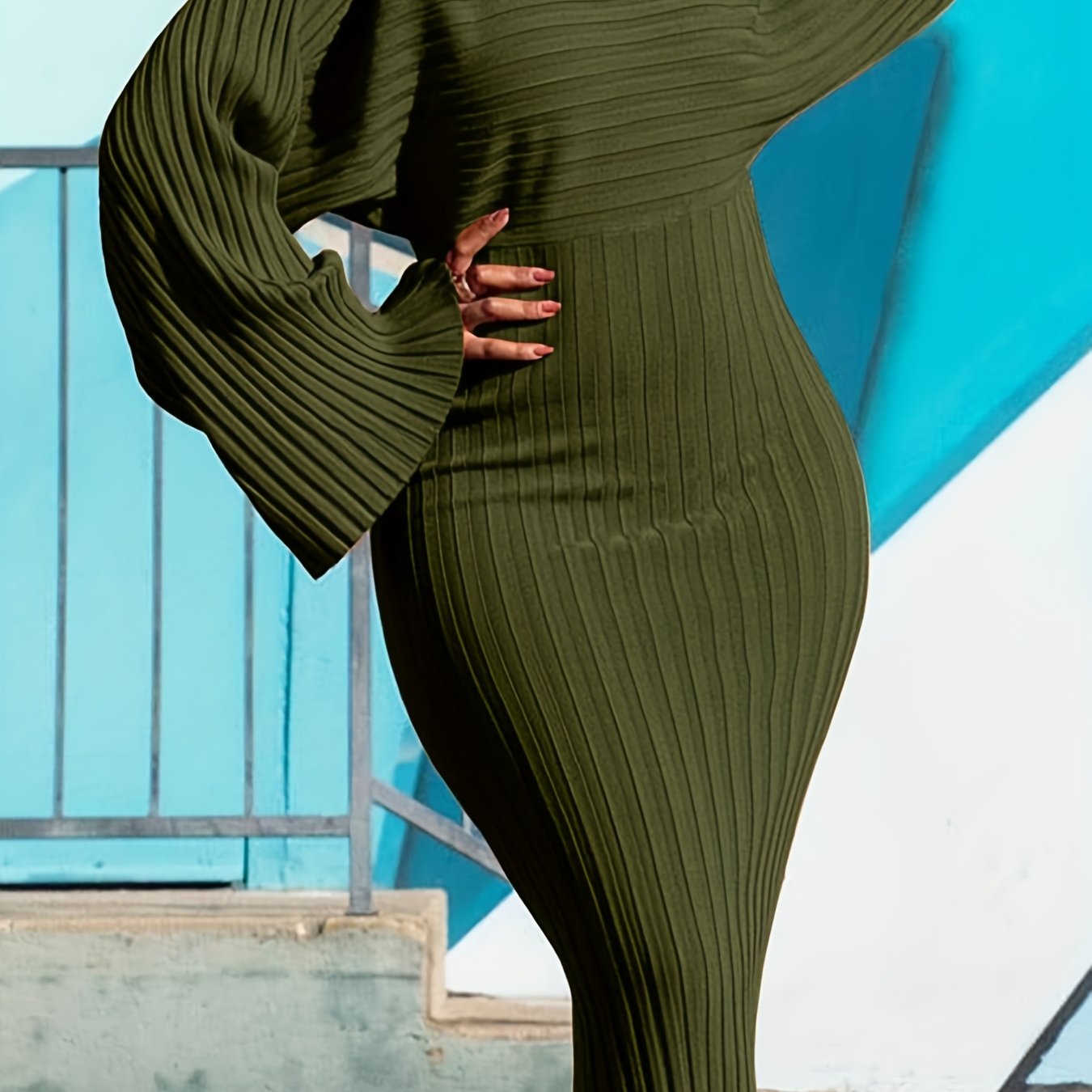 TEMU Solid Color Easy Temperament Asymmetrical Ribbed Long Sleeve Bodycon Dress For Commuting