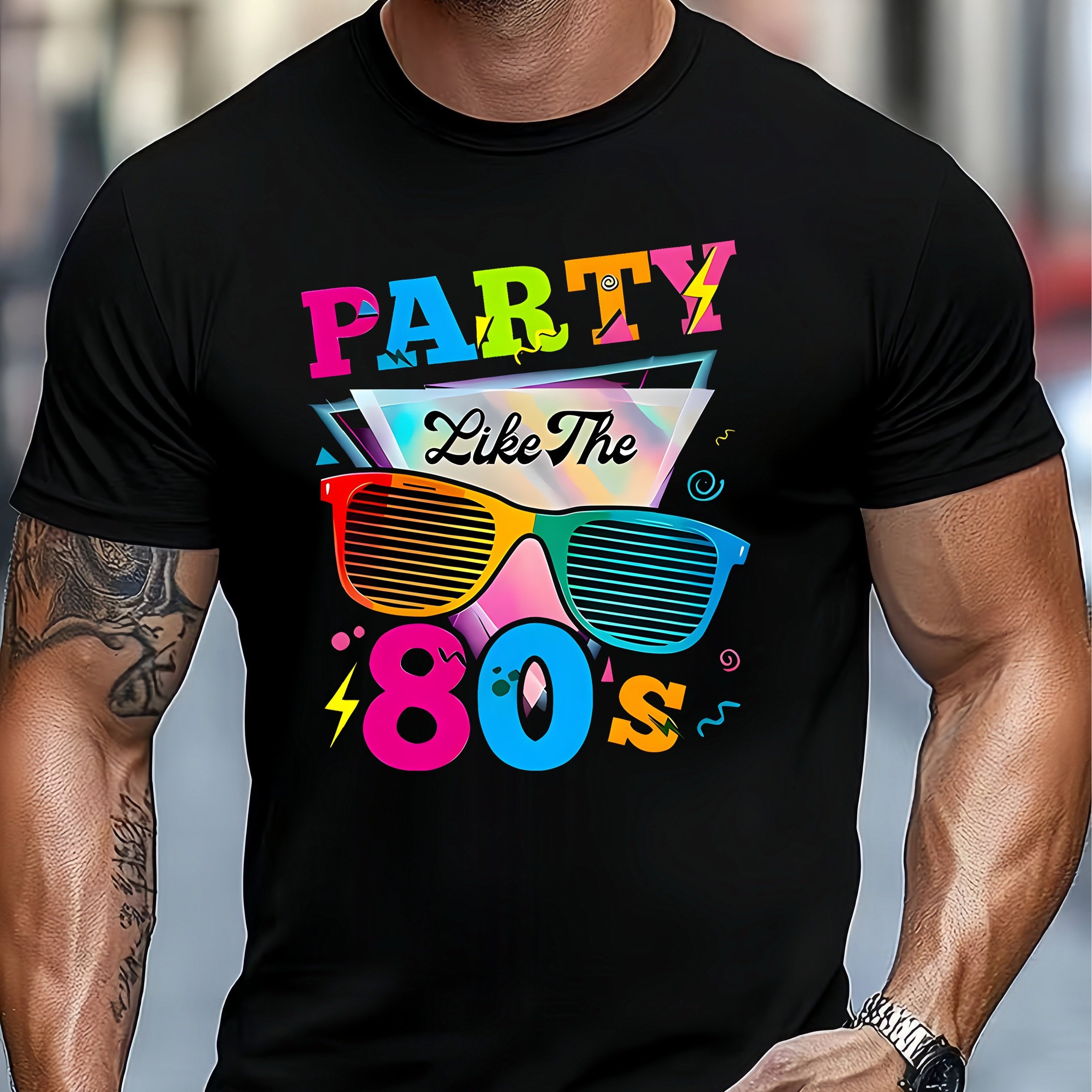 TEMU Summer New Arrival Party Like The 80s Glasses Print Short-sleeve T-shirt For Men, Casual European And Top, Perfect For Vintage Party Outfits