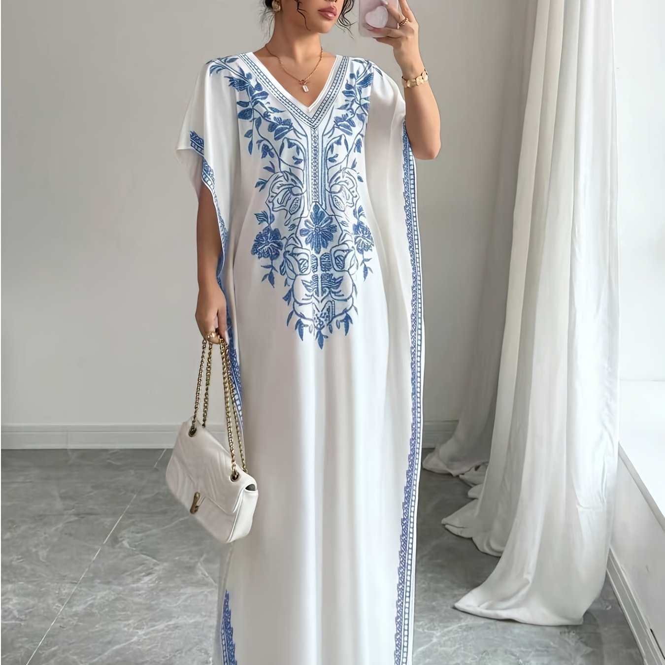 TEMU Plus Size, Ladies' Summer Elegant Casual Work Party Floral Print V-neck, Slit Maxi Dress