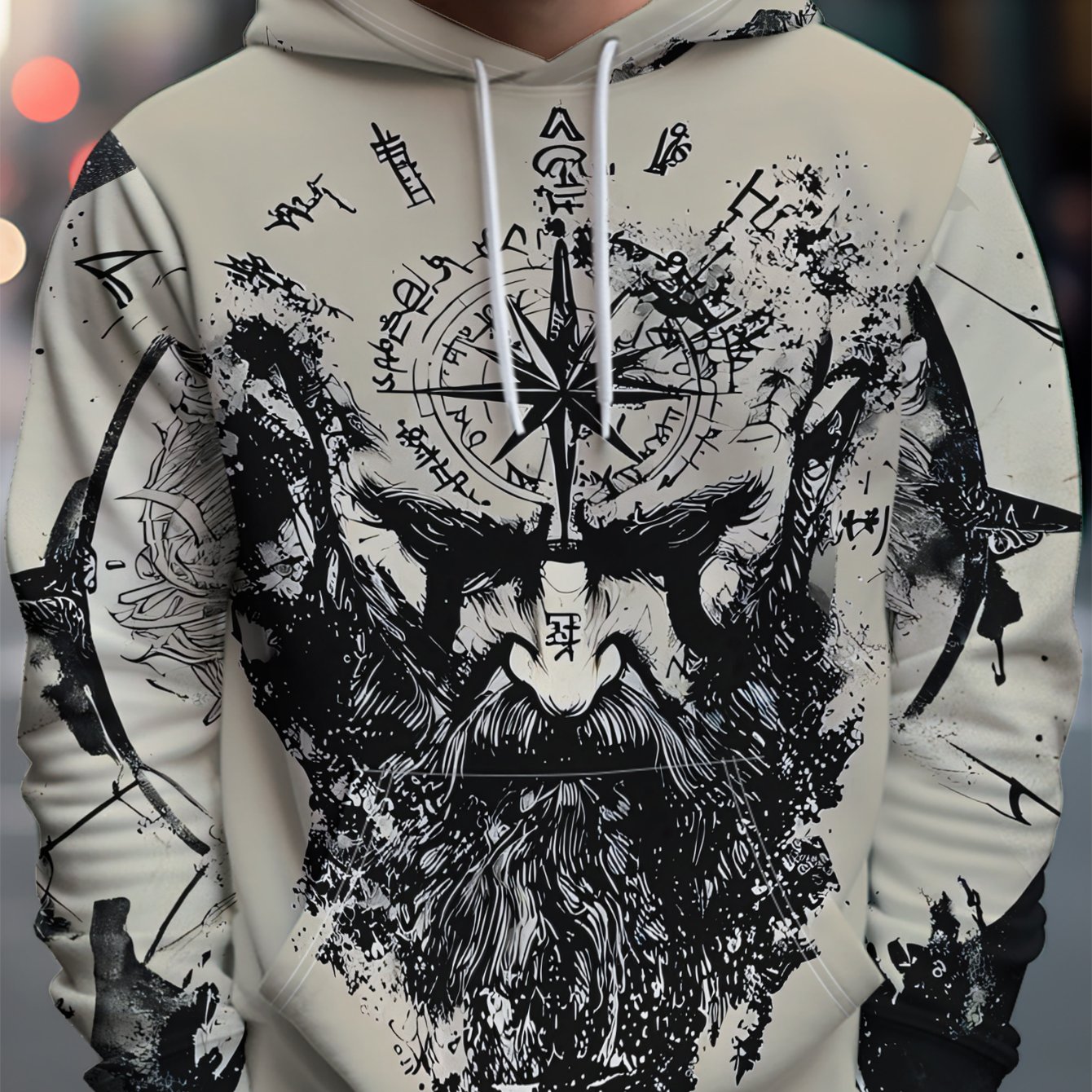 TEMU Men's Streetwear Brand Hooded Sweatshirt With Black And White Illustration Of A Medieval Wearing A Compass Pattern - Full Of Streetwear Brand