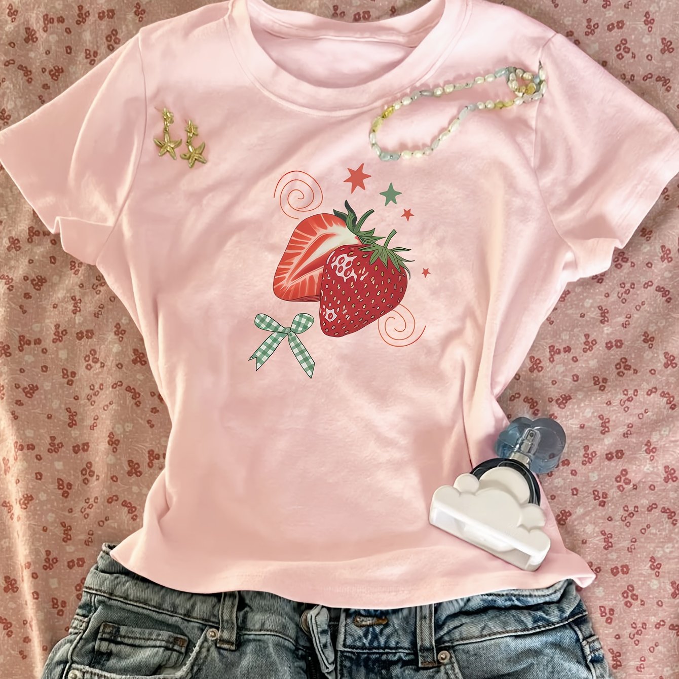 TEMU 00008 - Top aderente a da donna, stampa creativa con motivo a quadri fragola, e , T-shirt Y2K stile Pure Desire a e maniche corte, Abbigliamento