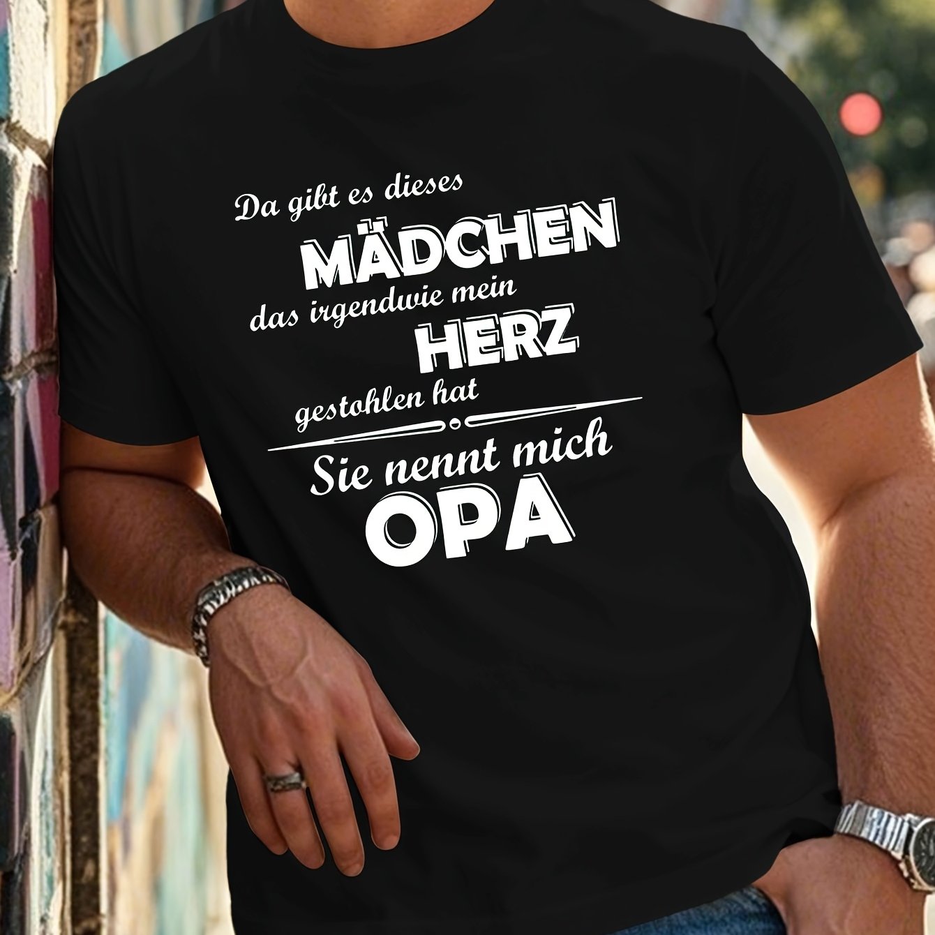 Image of Men's 2025 New Style German Quote T-shirt "madchen Das Herz Opa" Print - 100% Cotton Casual Round Neck Short Sleeve Tee, Black With White Text, Fit, Machine Washable German Top, Plus Size