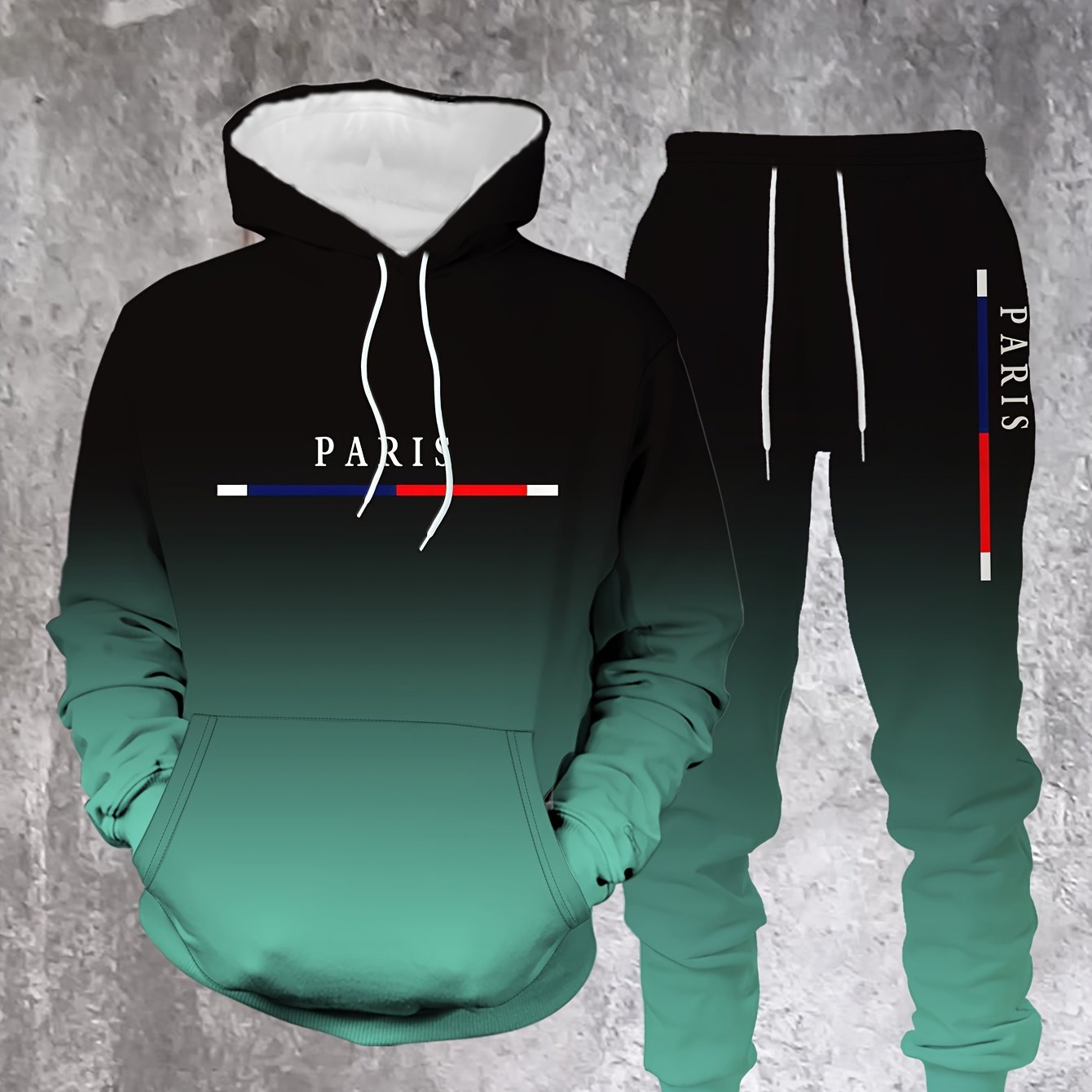 TEMU Men's 2pcs Casual Oversized Hoodie & Joggers Set With Paris Print & Vertical - Orange Gradient Colorblock, 100% Polyester, Relaxed Fit